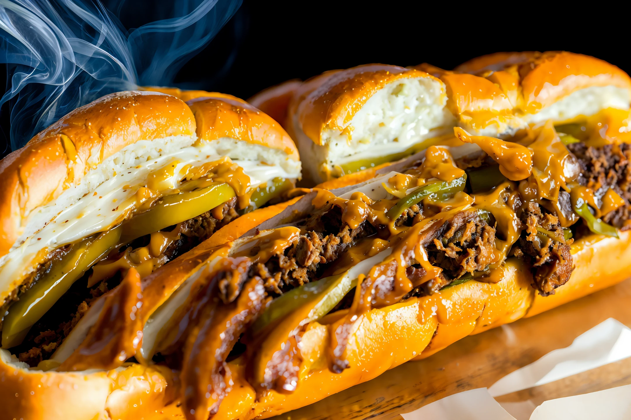 cheesesteak, table, smoke, white cheese, food photography, bokeh, fried onions, green peppers, gloss