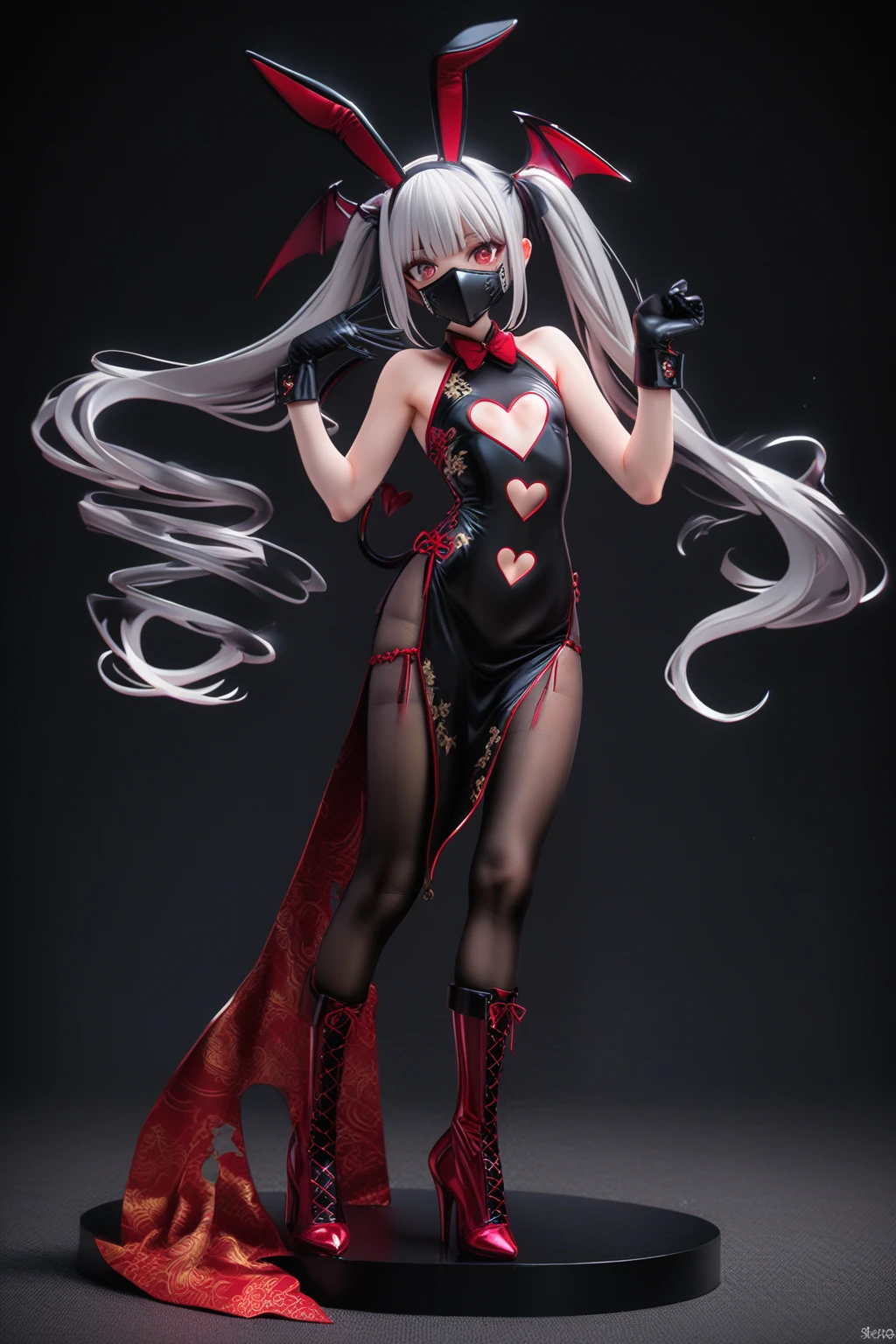 masterpiece, best quality, 1girl, solo, gloves, tail, wings, (black face mask:1.3), demon tail, animal ears, black boots, rabbit ears, (white pantyhose:1.3), cleavage cutout,black thigh boots, heart-shaped pupils, v, symbol-shaped pupils, pubic tattoo, black gloves, mouth mask, white background, demon wings, china dress, pantyhose, clothing cutout, demon girl, simple background, fake animal ears, full body, navel, detached collar, looking at viewer, high heels, (heart cutout black china dress:1.2), bowtie, twintails, standing, high heel boots, red eyes, bow, knee boots, silver hair, navel cutout, cross-laced footwear, bare shoulders, head wings, playboy bunny, lace-up boots, flat chest, red wings, hairband, white hair, black neckwear, thighband pantyhose,
<lora:PVC_X2-000006:1>