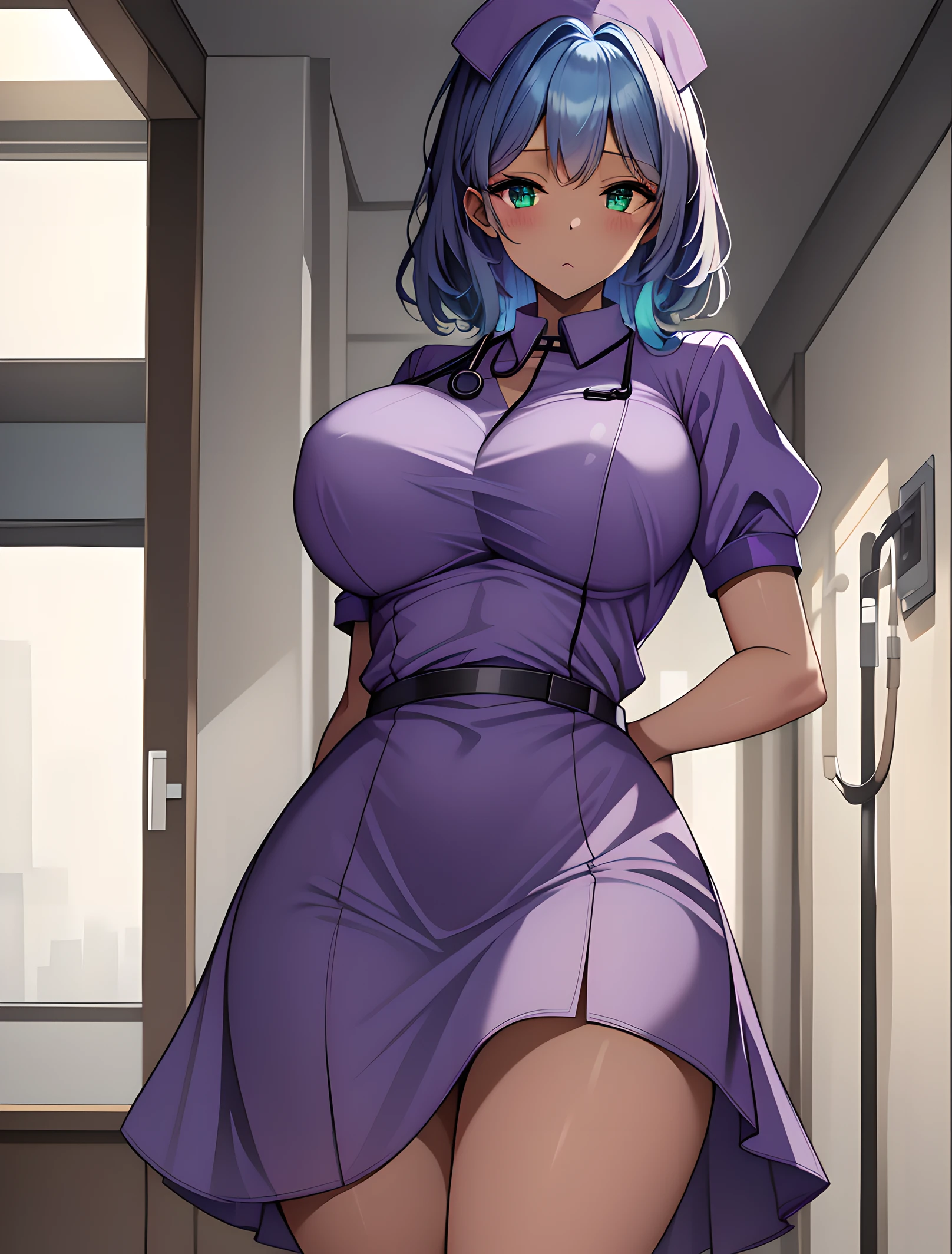 ((masterpiece, best quality, high quality)),1girl, ((uncropped,lower body, hospital)), <lora:Purple Nurse:0.6> (purple_nurse_cst, stethoscope, nurse, nurse cap, purple headwear, purple dress, jewelry), <lora:Yukari Miyajima:0.7> (yukari miyajima, 3dcg_12, 1girl, solo, dark-skinned female, dark skin, huge breasts, short hair, blue hair, green eyes, bangs),