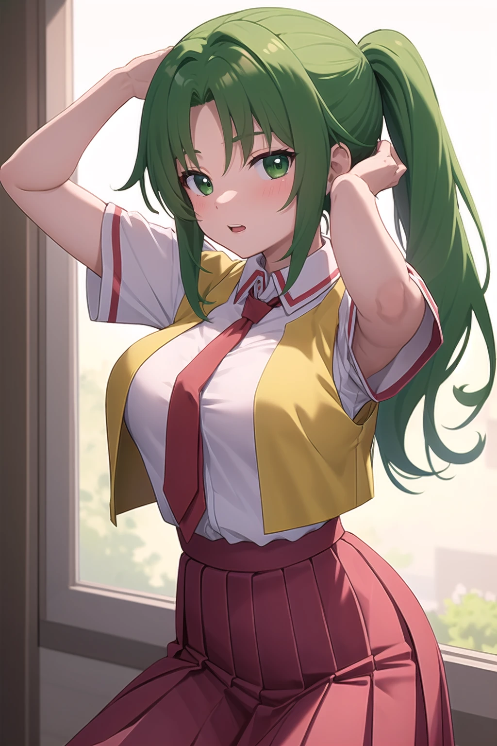 masterpiece, best quality, 1girl, Mion Sonozaki, green eyes, ponytail, white shirt, red necktie, yellow vest, red skirt,