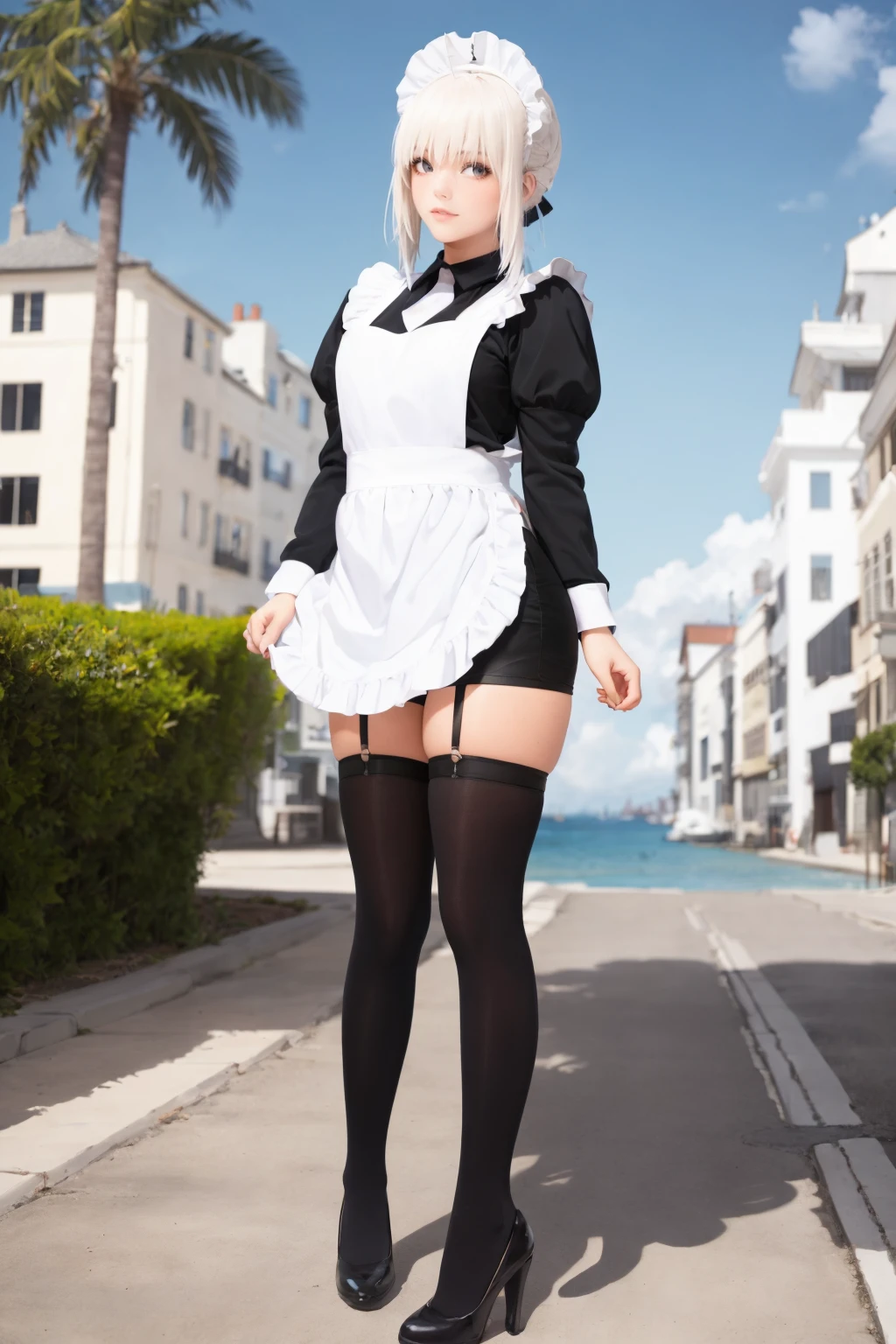 tutututu,apron,long sleeves,maid,maid apron,puffy sleeves,maid headdress,black shorts,black thighhighs,<lora:tutututu_20240129122144-000006:0.8>,
masterpiece,best quality,realistic,
1girl,solo,(full body),standing,high heels,long hair,looking at viewer,
city,streets,outdoor,outside,outdoors,During the day,by the sea,with bright sunshine,coconut trees,skyscrapers,beaches,stones,light houses,cloudy weather,