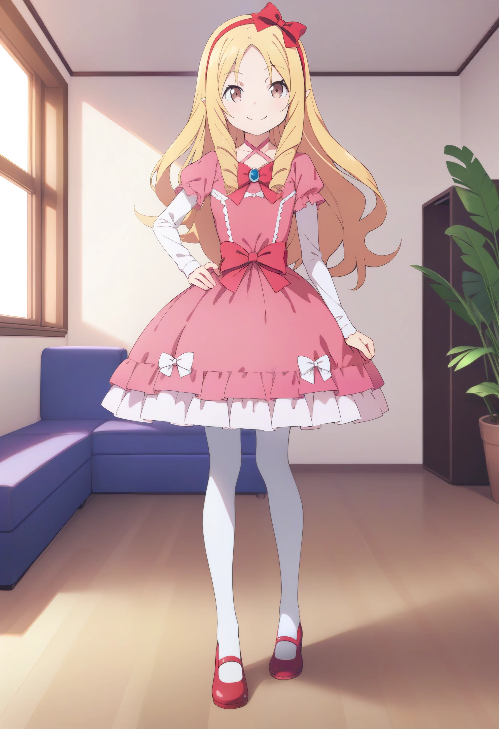 yamada elf, 1girl, solo, smile, looking at the viewer, blonde hair, long hair, drill hair, brown eyes, pointy ears, small breasts, red hairbow, hairband, pink dress, bow, white pantyhose, long sleeves, indoors, full body, red footwear <lora:Yamada_Elf-XL-animagine:0.8>