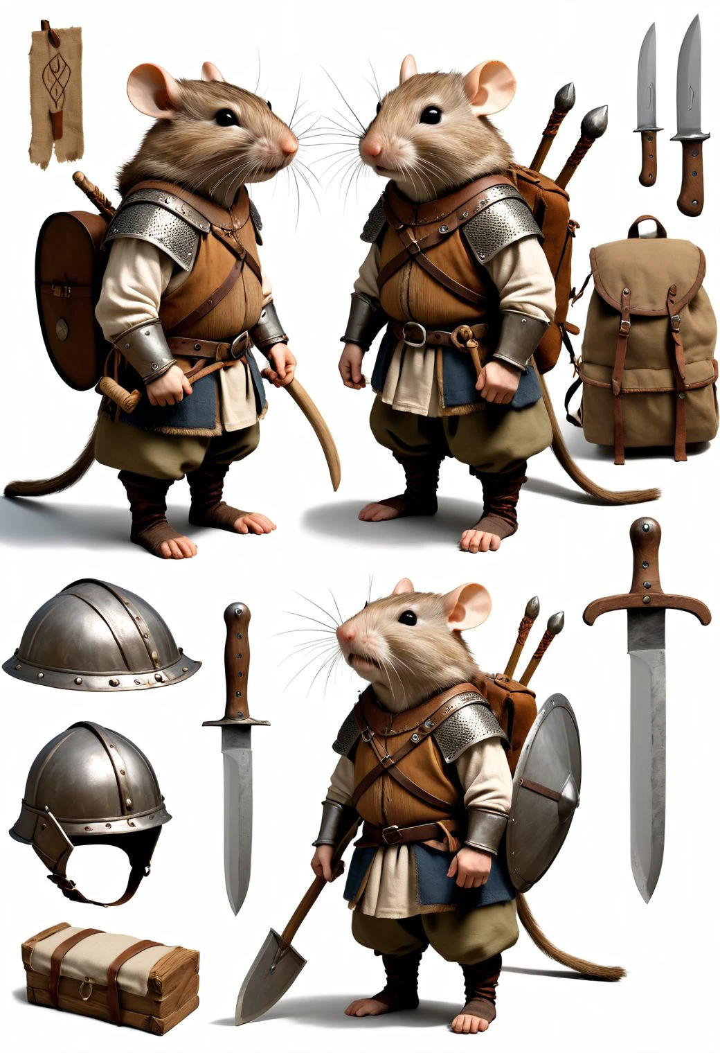 viking rodent, hero, small trip , medieval clothes, helmet, breast plate,  smart, old linen back pack, little knife, holding wooden stick, knolling, masterpiece, best quality, perfect lighting, extremely detailed, reference sheet, simple white background, (multiple views, [from behind|from front|upper body|portrait]:1)