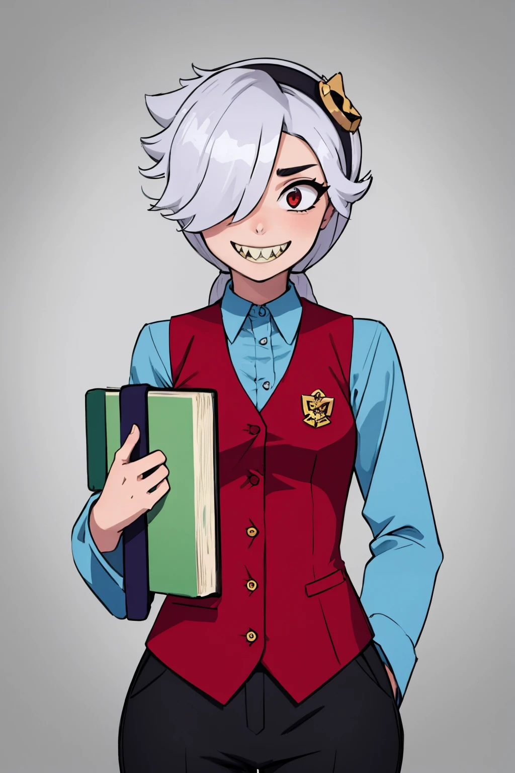 (masterpiece, best quality:1.2), solo, 1girl, colettedef, sharp teeth, smile, looking at viewer, holding book, hair over one eye, hairband, blue shirt, long sleeves, red vest, pants <lora:bs_colette_v11-17:1>