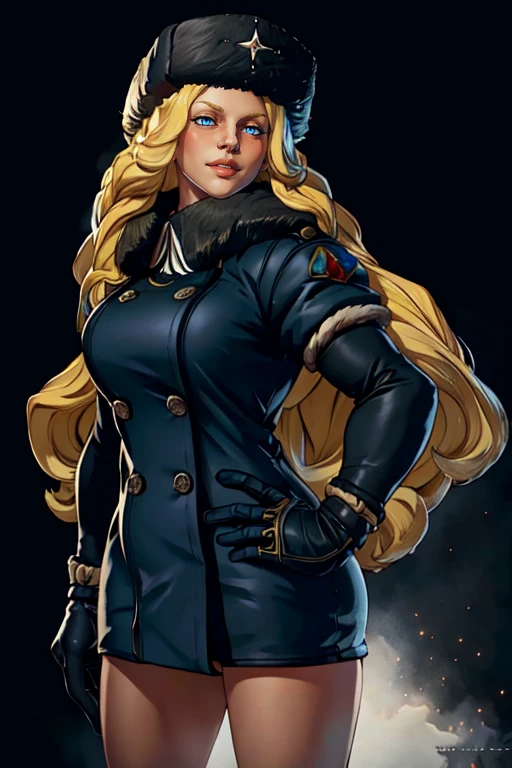 masterpiece,best quality,extreme detail,8k,<lora:Kolin:0.8>,kolinsf5, 1girl, solo, long hair, looking at viewer, blue eyes, blonde hair, simple background, gloves, hat, very long hair, upper body, parted lips, lips, coat, hand on hip, buttons, watermark, black background, nose, winter clothes, fur hat, ushanka