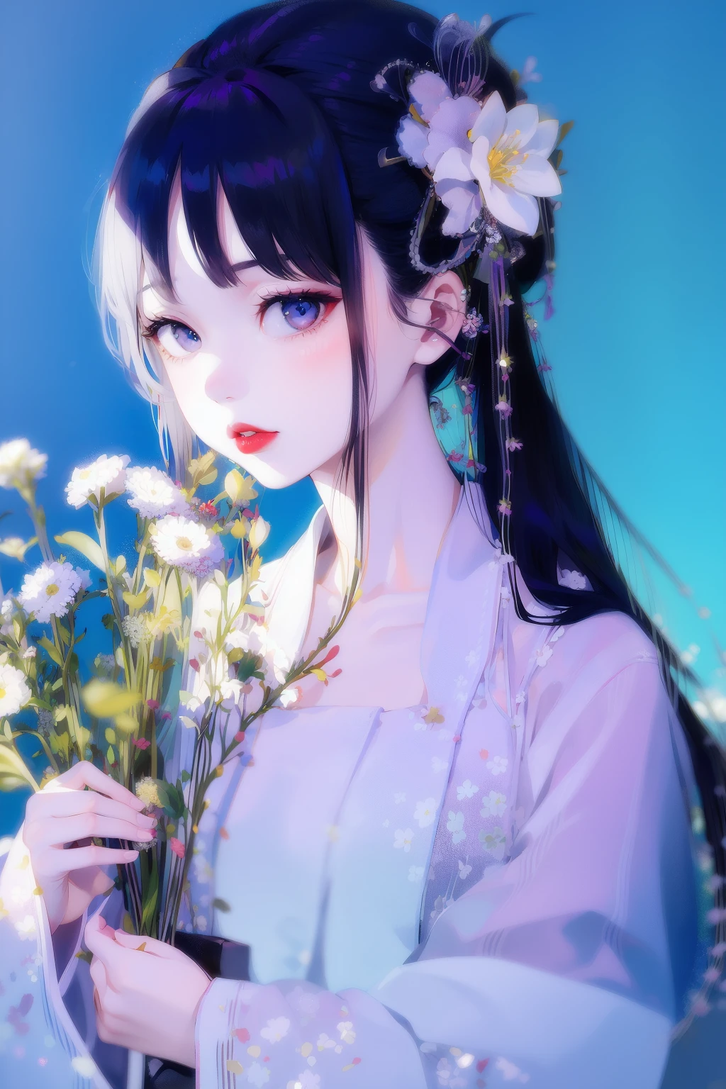 1girl, solo, long hair, looking at viewer, black hair, hair ornament, long sleeves, upper body, flower, see-through, blue background, realistic, red lips, hanfu,<lora:lbc_lanse_hanfu:0.7>,