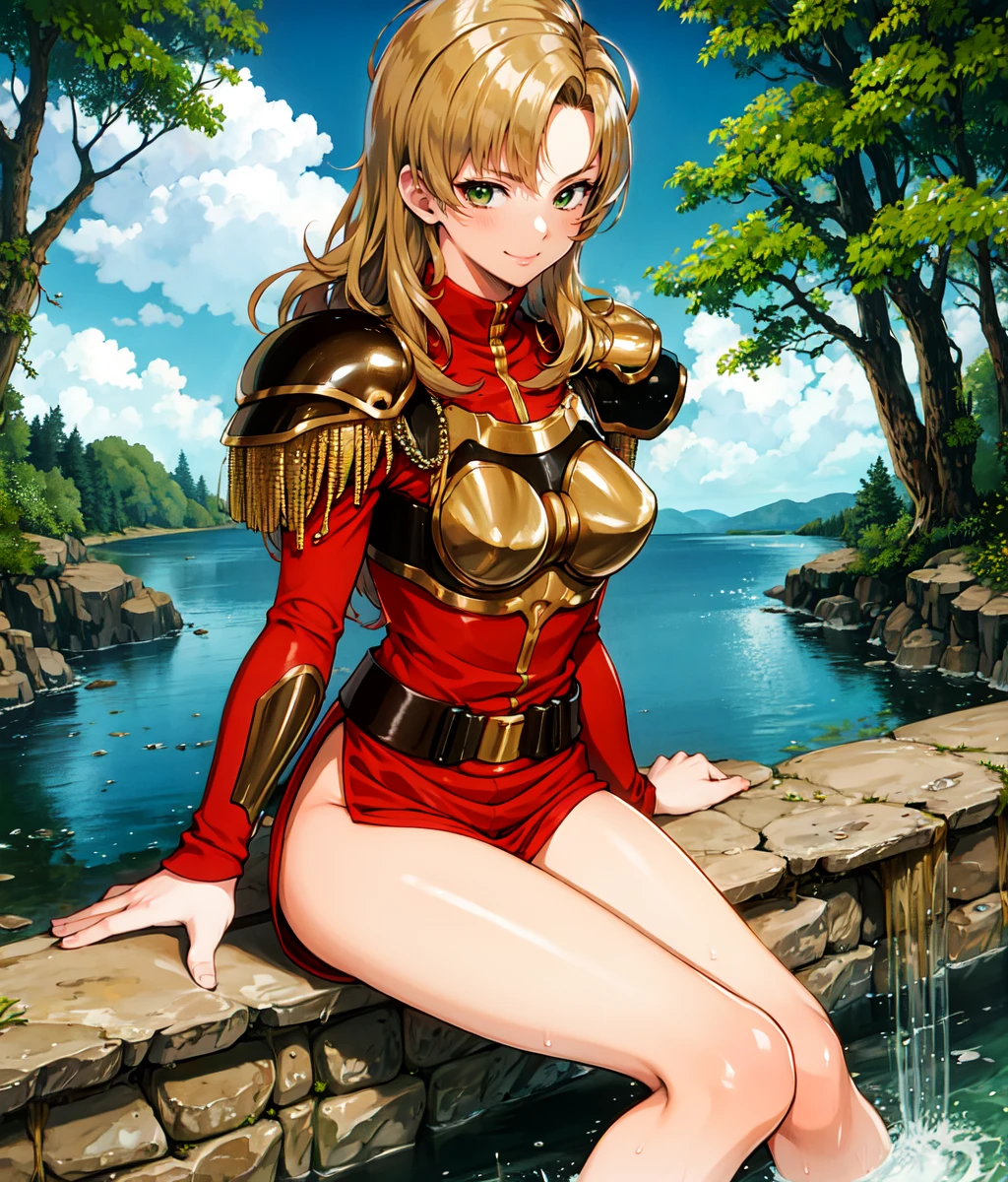 masterpiece, high res, detailed face, detailed eyes, anime screencap, 1 girl, solo, smile, slender woman, mature, long hair, medium breasts, dark blonde, green eyes, hair at one side, red outfit, bronze armor, sitting, bare legs, legs on water, waterfall, outdoors, forest, cowboyshot full body  <lora:Valeria:1>