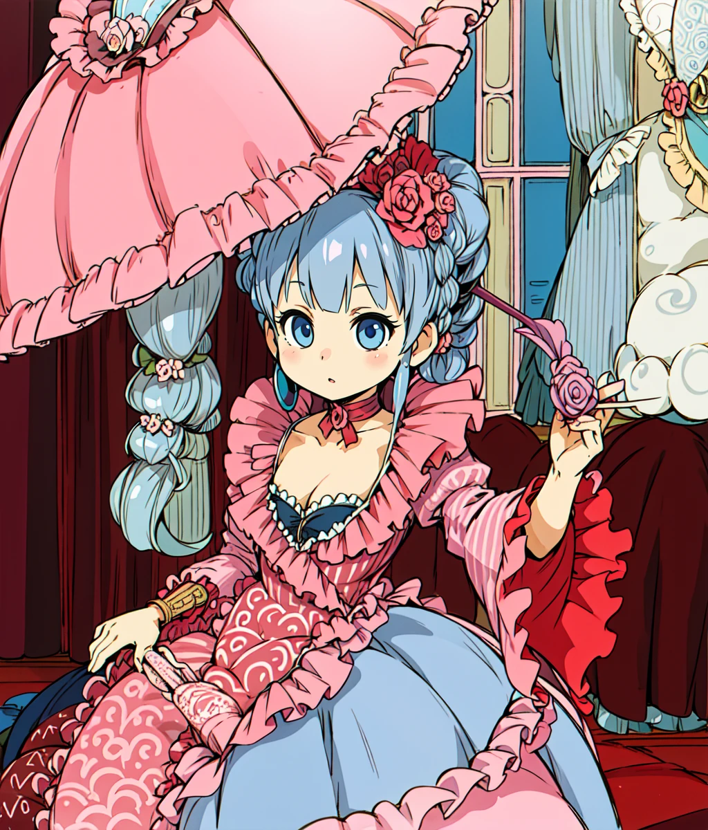 masterpiece, high res, detailed face, detailed eyes, 1 girl, solo, grey hair, curls, laughting, ojousama pose, blue eyes, pouf, hair up, hair ornament, plumes, pink dress, umbrella, standing, cowboy shot, indoors, victorian mansion <lora:Josephine:1>