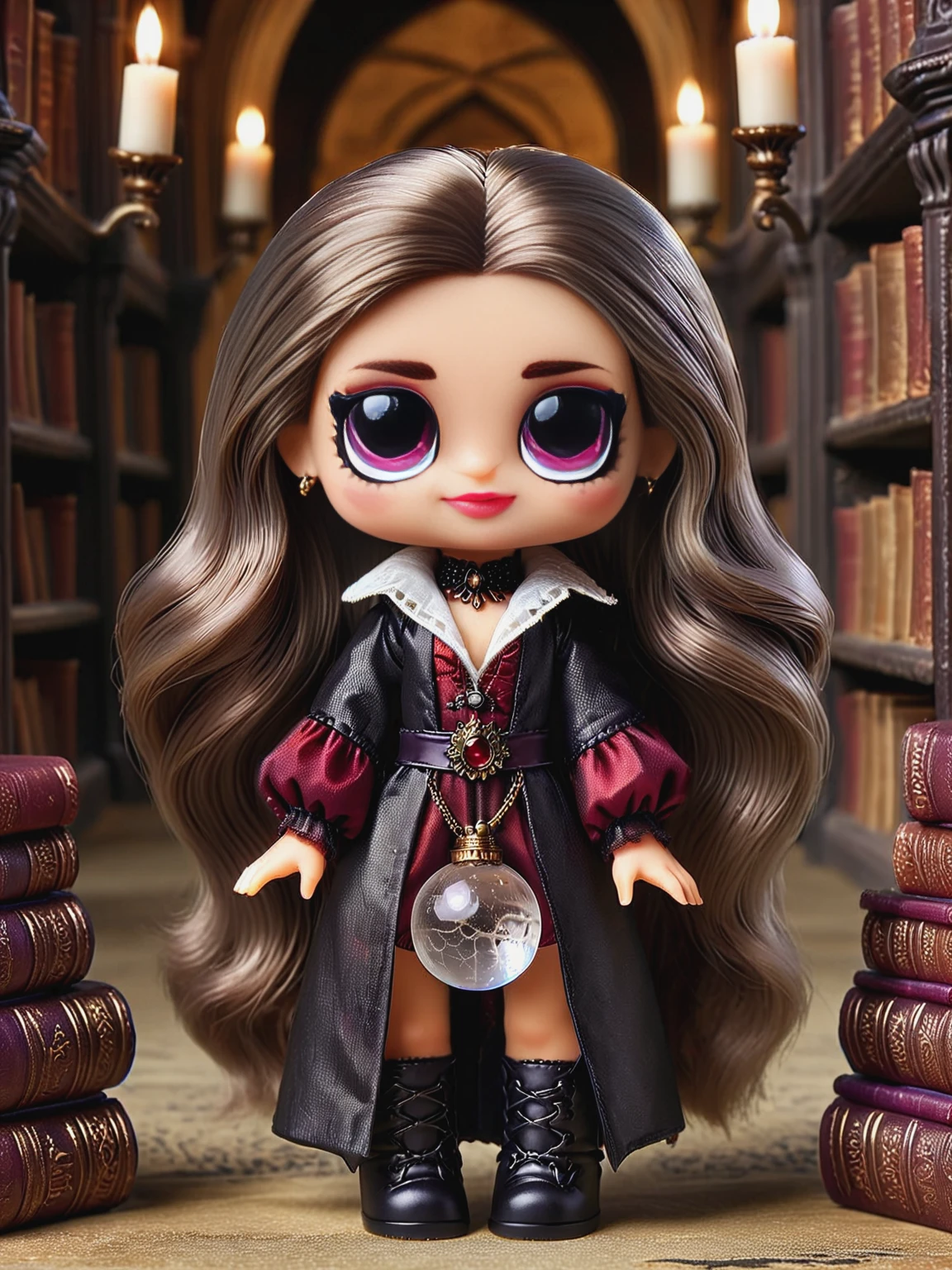ais-lolz vampire, with a mysterious smile, holding a crystal orb, in the castle's grand library filled with shelves of ancient books and mystical artifacts. The vampire's eyes gleam with ancient wisdom and a hint of mischief <lora:LOL_Surprise_Style_SDXL:1>
