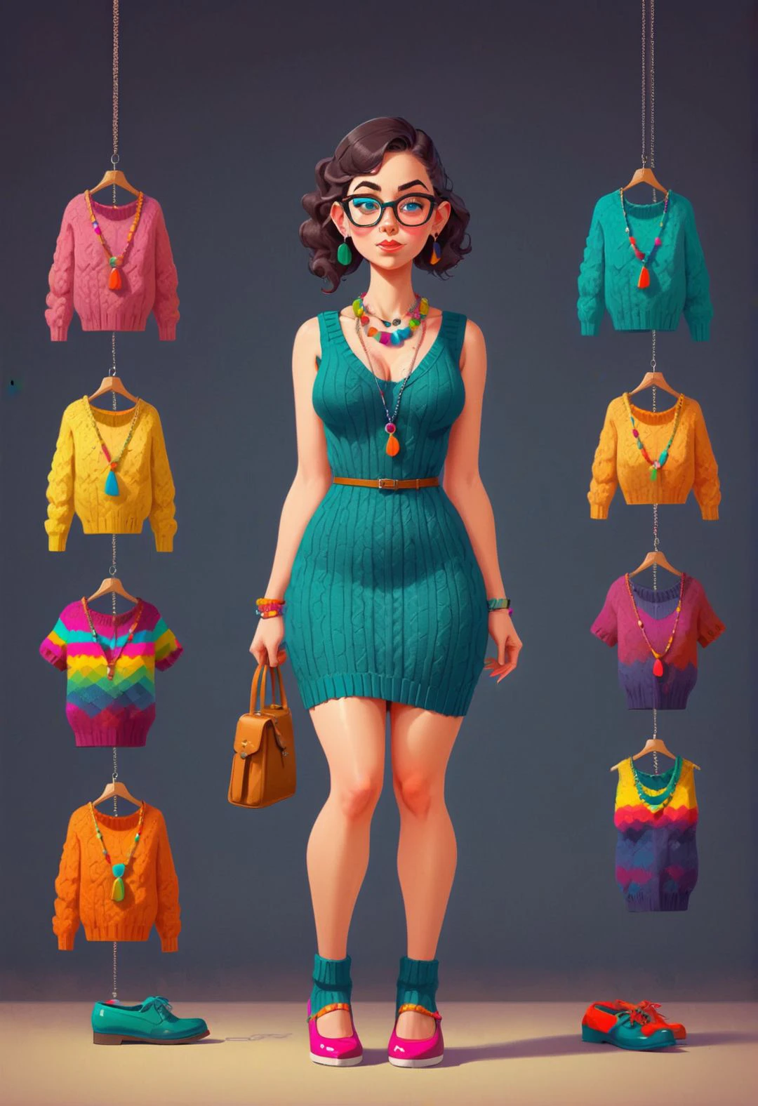 funny nerd sexy woman character concept, knitted dress, necklaces, colorful, flat shoes, standing, artwork