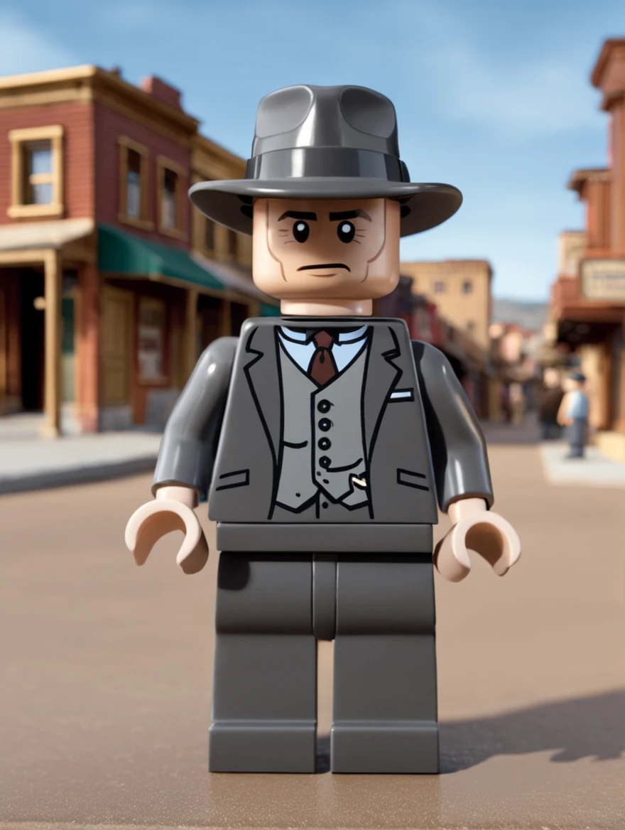 <lora:Lego_XL_v2.1:0.8>
LEGO MiniFig, A man in a vintage early-20th-century setting, possibly from a period film, stands prominently in the foreground. He wears a dark grey suit, a light blue shirt, a darker blue tie, and a classic fedora hat, conveying an aura of authority and composure. His face shows determination, with sharp features, short dark hair, and an intense gaze. The badge labeled 'K-6' on his lapel suggests he might have an official or investigative role. The background is an open, dusty street typical of an old western town at dusk, with wooden buildings lining the side and a few people in period attire visible in the distance. The lighting is soft and golden, indicative of a setting sun, giving a cinematic quality to the scene.