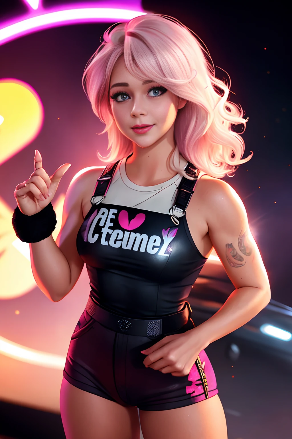 vramsramirez, ponytail, pink hair, brown eyes, hat, pink crop top, short shorts, looking at viewer, serious, smiling, standing, inside bar, holding martini glass full of blueberry juice, neon lighting, high quality, masterpiece, <lora:VRAMsRamirez:.6>