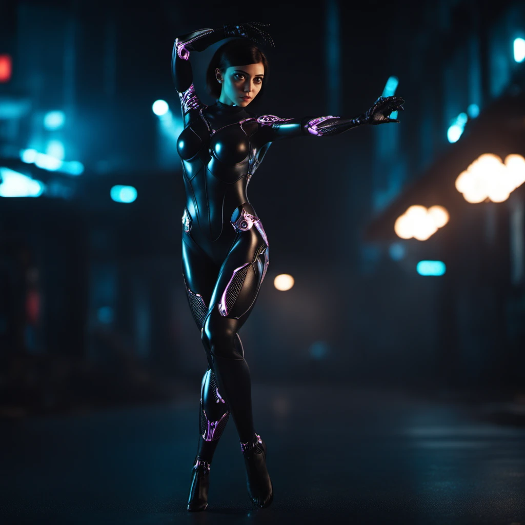 cinematic photo cinematic photo a woman with big eyes, futuristic black carbon body suit, cyberpunk background <lora:Alita1024-2024:0.8> . 35mm photograph, film, bokeh, professional, 4k, highly detailed . 35mm photograph, film, bokeh, professional, 4k, highly detailed