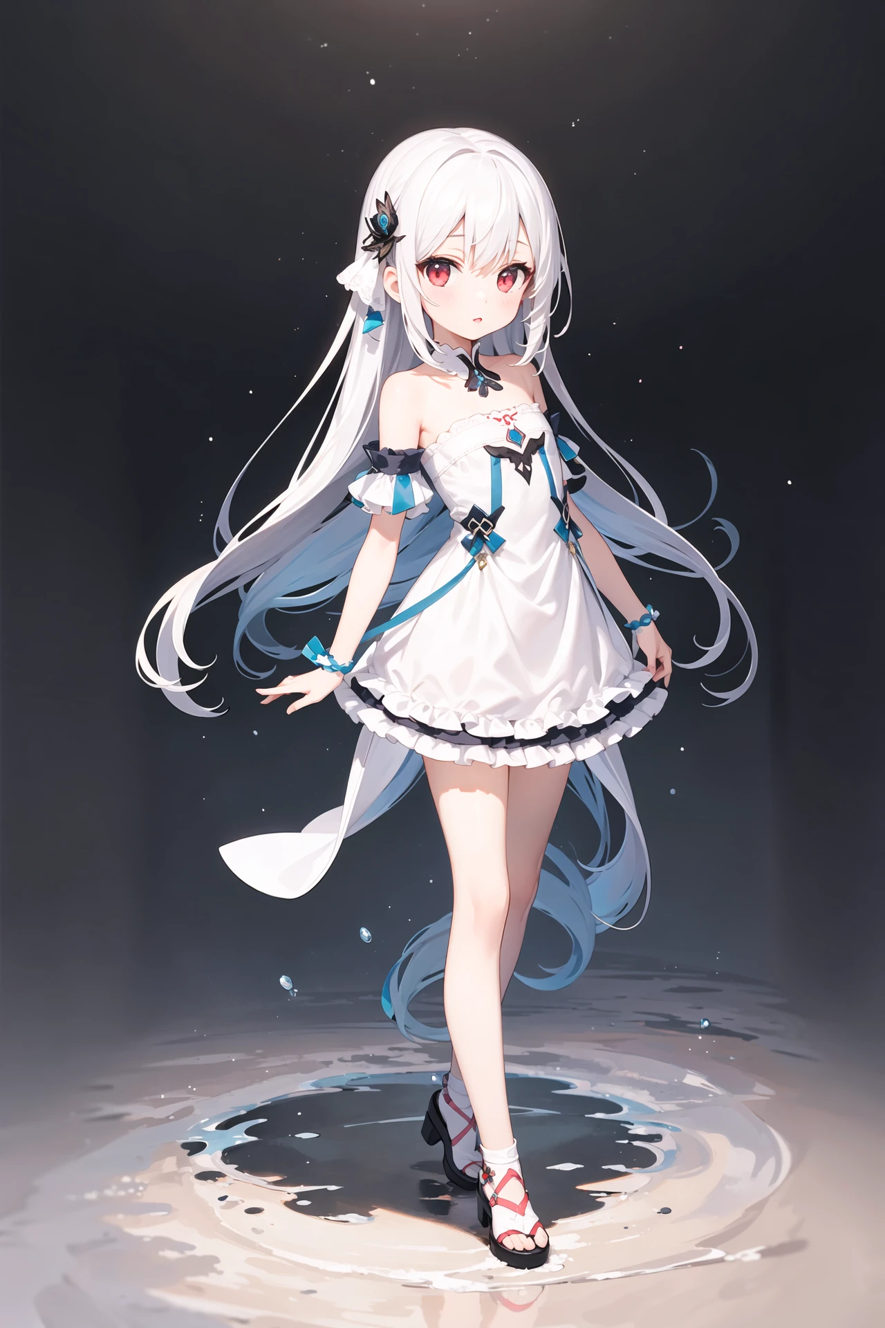 (((masterpiece))), best quality, illustration, young girl, 1girl with light white long hair, beautiful detailed red eyes, light white long straight hair, ((cute)), (petite), slim, solo, solo focus, standing, full body