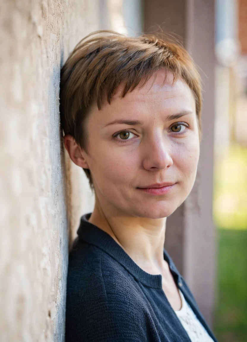 portrait of marinagrankova, a woman with short brown hair leaning against a wall, formal, outside, soft light, sunshine, bokeh, shallow depth of field,
<lora:MarinaGrankova_XL:0.8>
