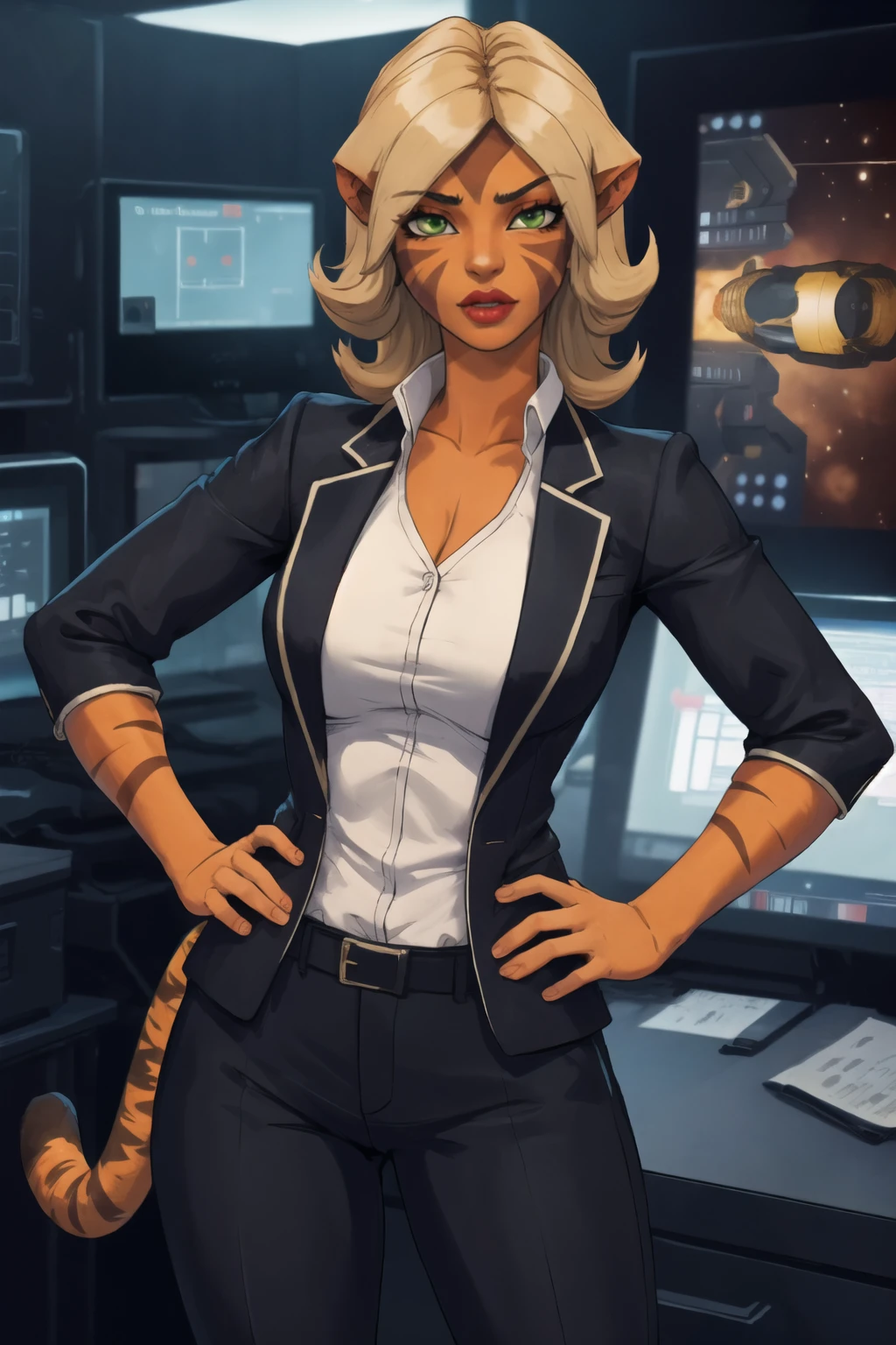 (best quality), cowboy shot, 1girl, solo, Kitraandra, green eyes, red lips, anthro, colored skin, (orange skin:1.35), tiger girl, tail, pointy ears, facial mark, medium hair, blonde hair, large breasts, <lora:Kitraandra_V1-Manityro-dadapt:1.0>, toned, abs, (biceps:1.2), looking at viewer, indoors, night, (space:1.2), spacecraft, smug, office, collarbone, open blazer, black blazer, striped shirt, collared shirt, formal pants, hands on hips, unbuttoned,