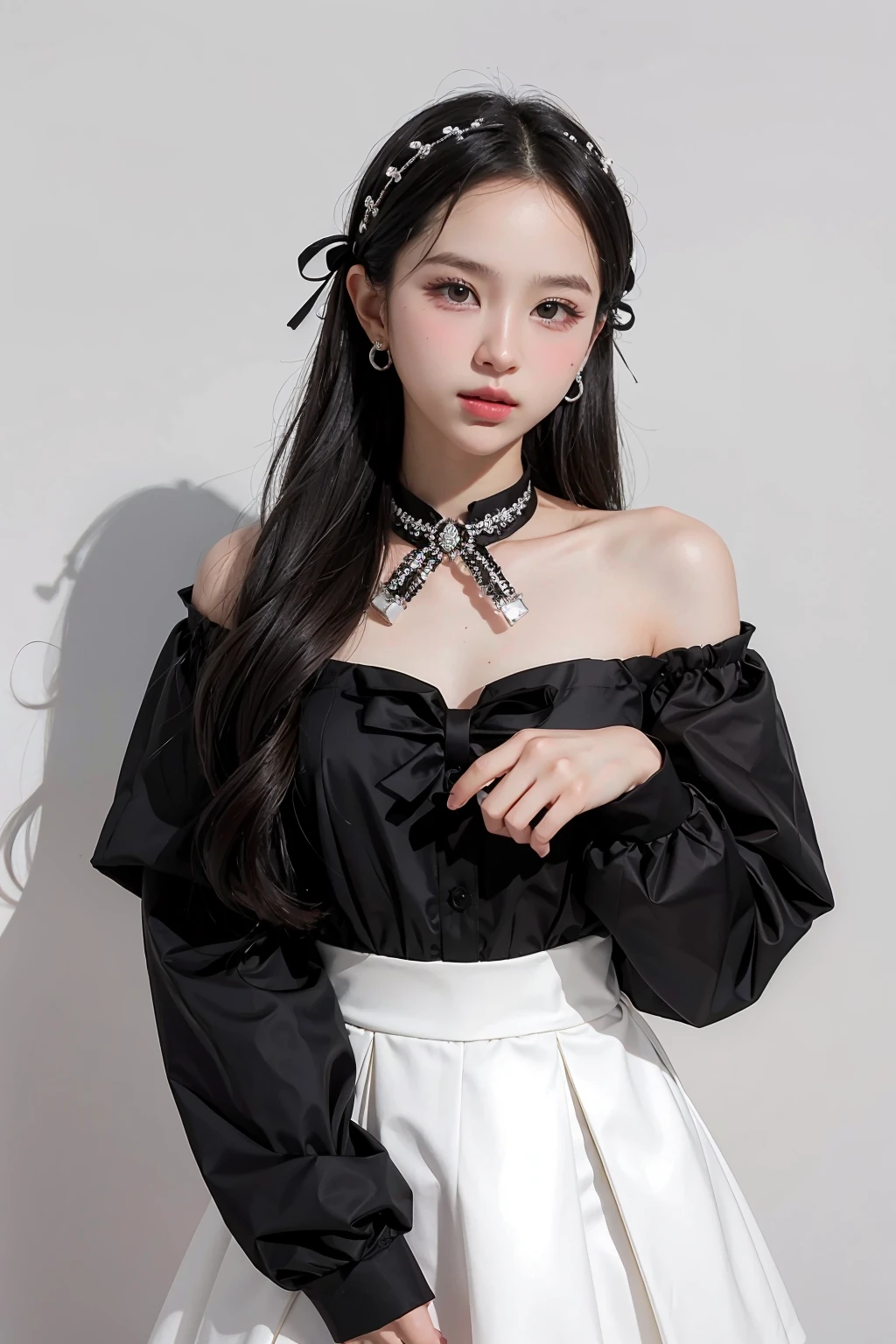 1girl, black random formal attire, white background, <lora:hannah_kmz-02:1>