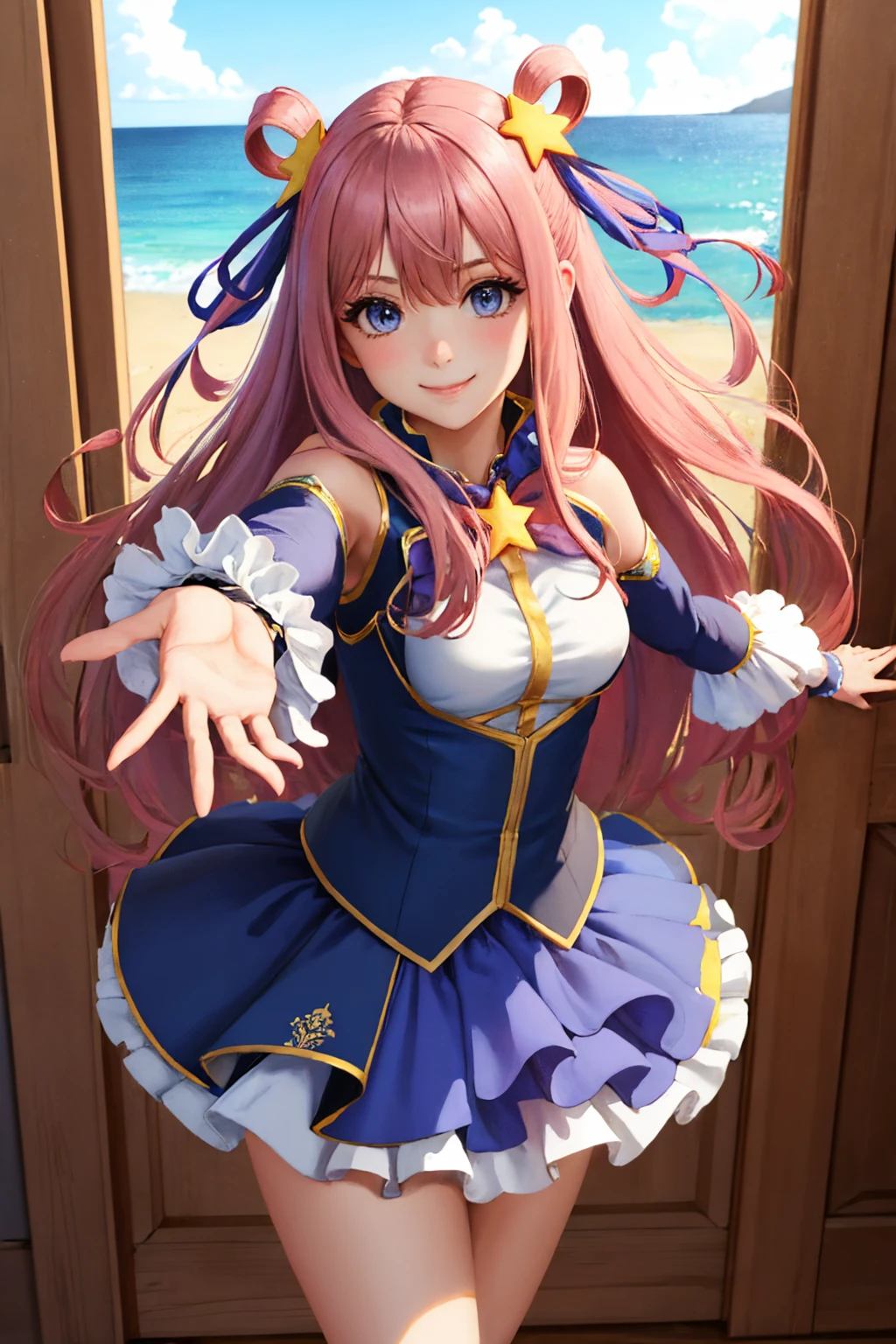(masterpiece, best quality:1.2), solo, 1girl, hatsunedef, smile, looking at viewer, outstretched arms, hair rings, star hair ornament, frills, vest, shirt, bowtie, detached sleeves, skirt, bare shoulders <lora:princessconnect_hatsune:1>