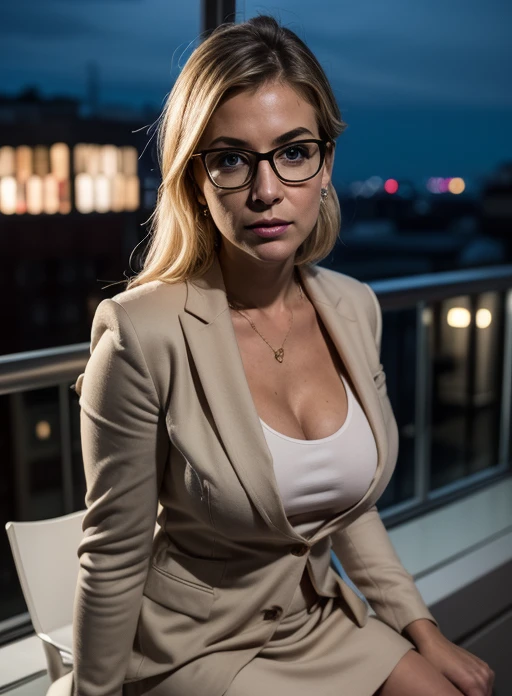 1girl,(Masterpiece), ((best quality)), soft lighting, perfect shadows, anatomically correct,character in focus, (cleavage:0.5) , JessieMcCarney, (busty), (white shirt:1.2), (beige blazer:1.1), perfect face, <lora:LowRA:0.5>, frontview, high viewangle,  white blouse,, blonde, (cleavage:0.7), glasses,  <lora:Jessica_McCarney:0.7>, DC Comic, gotham city, sitting on balcony, night, soft lighting, skirt