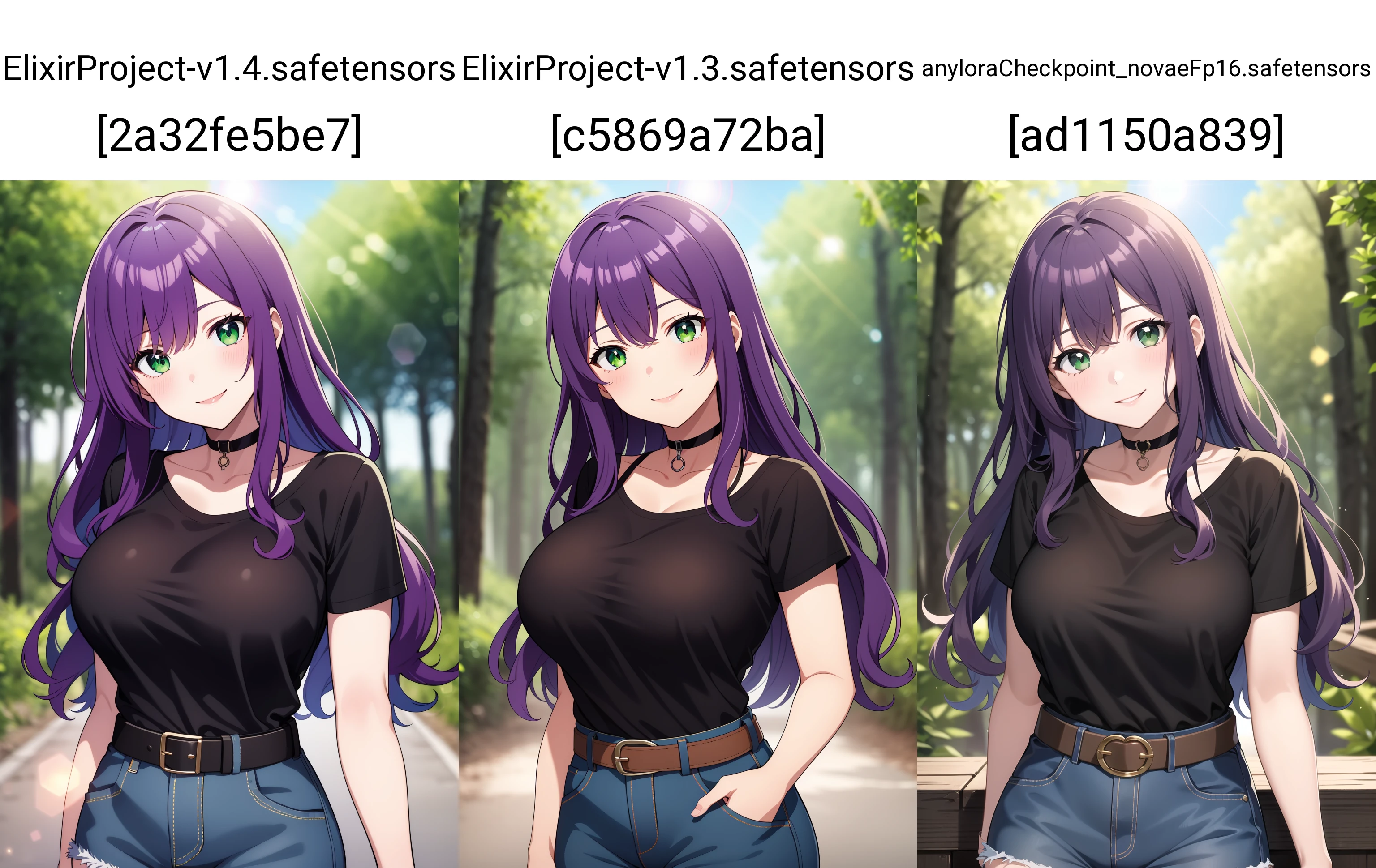 (masterpiece), best quality, expressive eyes, perfect face, 1girl, solo,
long hair, wavy hair, purple hair, green eyes, large breasts, black t-shirt, choker, head tilt, smile, denim shorts, belt,
portrait, forest, cloudy sky, lens flare, blurry background,