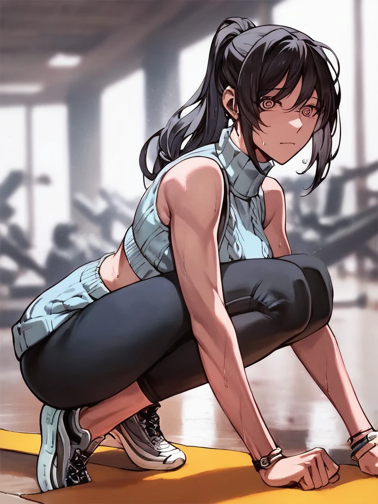 ((Face focus2.0)),,Inside the sports gym,inside the dance studio,((squatting)),One girl,sweat,(dark skin color),short black hair,seductive smile,high-neck-leotard,((loose socks2.0)),((loose socks2.0)),sneaker.