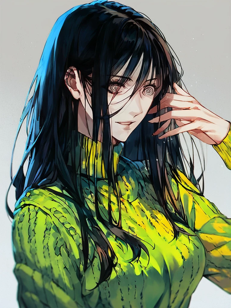 score_8_up, anime,  [detail eyes::0.5], long black hair, 
 <lora:dizzy-eyes-000005:0@0,1@0.4> [:dizzy-eyes:0.5],  [:@_@:0.5]
woman,  wholesome sweater, [:yoga pants:0.25], 
vibrant color
