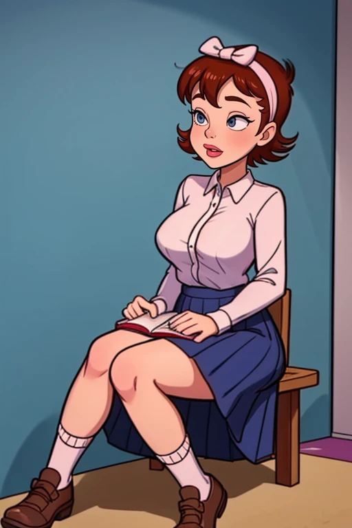 eleanor, black hair, black eyes,red lipstick, glasses, collared blue dress, short sleeves, looking at viewer, serious, smirk, sitting, on chair, inside classroom, legs crossed, chalkboard, large desk,high quality, masterpiece, <lora:eleanorbutterbean:.7>