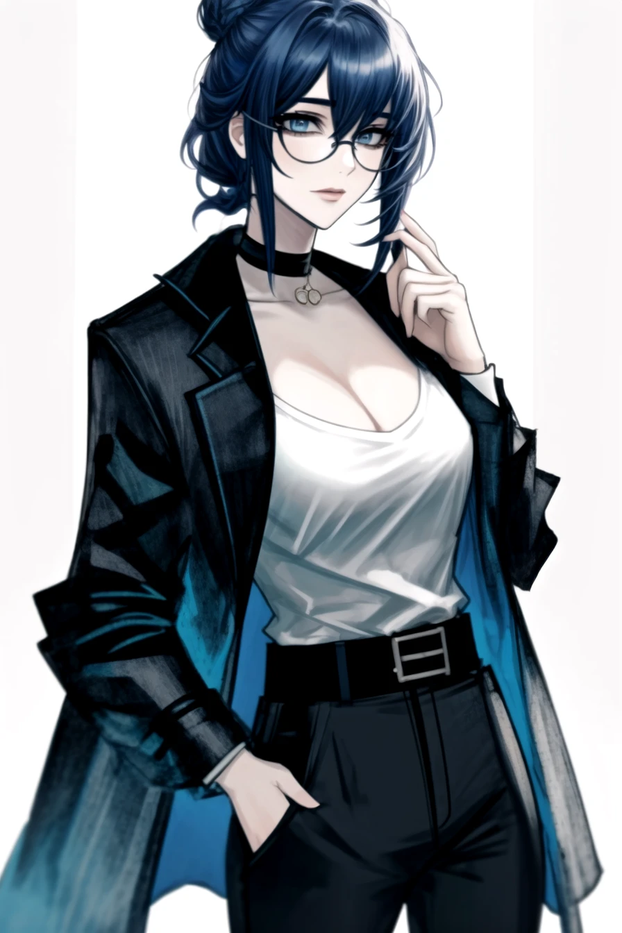 1girl, ouro kronii, solo, blue eyes, sunglasses, high-waist pants, pants, shirt, choker, black pants, blue choker, jewelry, earrings, breasts, hand on hip, belt, hair intakes, white shirt, short hair, jacket, black hair, shirt tucked in, blue hair, eyewear removed, jacket on shoulders, long sleeves, cleavage, collared shirt, grey background, looking to the side, hair bun, bangs, collarbone, coat on shoulders, alternate costume, coat, simple background, formal, closed mouth, large breasts, eyewear hang, black jacket, single hair bun, dress shirt