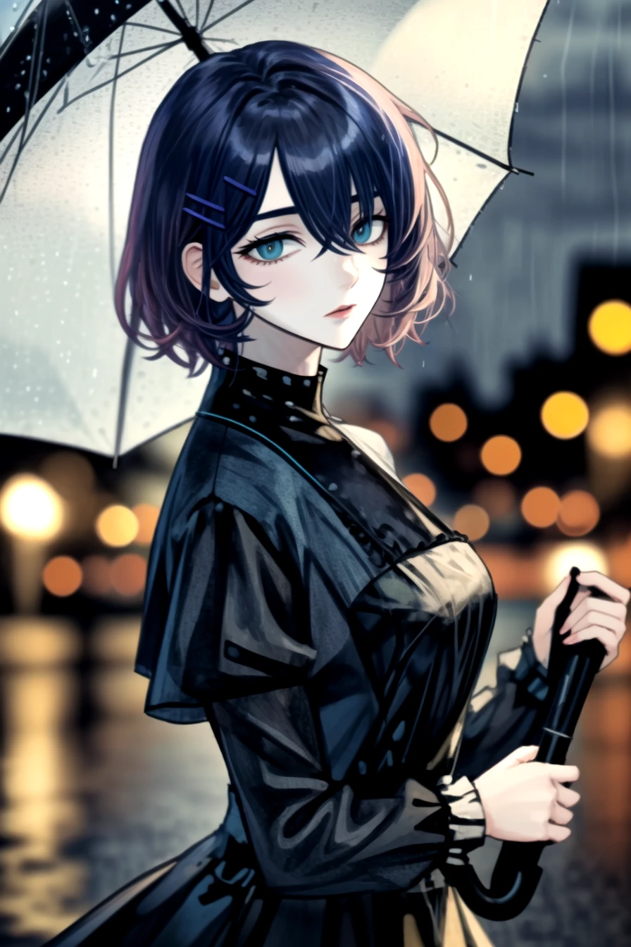 1girl, umbrella, solo, hair ornament, holding umbrella, blue eyes, holding, hairclip, dress, blue hair, transparent umbrella, black dress, looking at viewer, long sleeves, blurry, rain, blurry background, short hair, closed mouth, upper body, hair between eyes, bangs, mole,  outdoors, breasts, medium hair, night