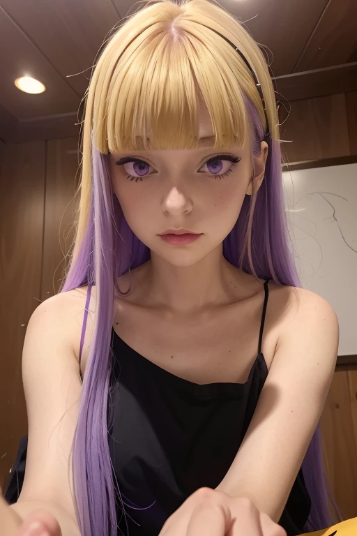 masterpiece, best quality, <lora:ReimiItsushiro:1>, 1girl, solo, yellow hair, long hair, bangs, purple eyes, blunt bangs, sidelocks, purple colored inner hair, 22 years old, bangs, blunt bangs