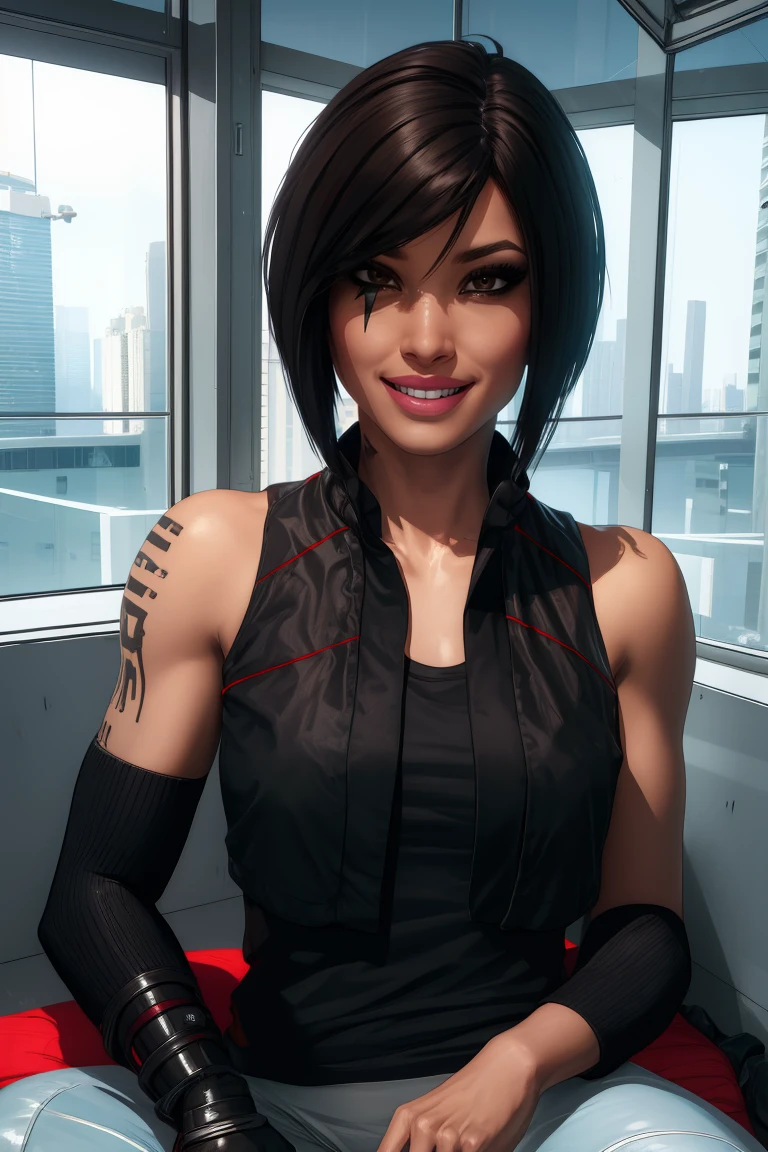 Faith,brown eyes,black hair,short hair,right eye mark,smile,
right arm tattoo,right shoulder tattoo,
black shirt,black vest,pants,fingerless gloves,
sitting,upper body,
indoors, science fiction,  city, 
(insanely detailed, masterpiece,  best quality) solo,<lora:FaithConnorsMEC:0.9>,