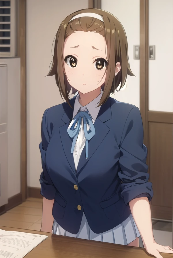 ritsutainaka, <lora:ritsu tainaka s2-lora-nochekaiser:1>, 
ritsu tainaka, short hair, brown hair, (brown eyes:1.5), hairband, (forehead:1.2),
BREAK sakuragaoka high school uniform, school uniform, uniform, blazer, shirt, white shirt, collared shirt, skirt, pleated skirt,
BREAK indoors, classroom,
BREAK looking at viewer, (cowboy shot:1.5),
BREAK <lyco:GoodHands-beta2:1>, (masterpiece:1.2), best quality, high resolution, unity 8k wallpaper, (illustration:0.8), (beautiful detailed eyes:1.6), extremely detailed face, perfect lighting, extremely detailed CG, (perfect hands, perfect anatomy),