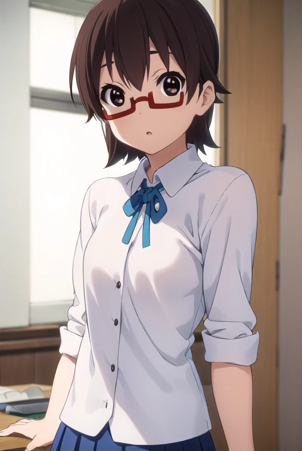 nodokamanabe, <lora:nodoka manabe s2-lora-nochekaiser:1>,
nodoka manabe, short hair, brown hair, (brown eyes:1.5), glasses, semi-rimless eyewear, red-framed eyewear, under-rim eyewear,
BREAK sakuragaoka high school uniform, school uniform, uniform, blazer, shirt, white shirt, collared shirt, skirt, pleated skirt,
BREAK indoors, classroom,
BREAK looking at viewer, (cowboy shot:1.5),
BREAK <lyco:GoodHands-beta2:1>, (masterpiece:1.2), best quality, high resolution, unity 8k wallpaper, (illustration:0.8), (beautiful detailed eyes:1.6), extremely detailed face, perfect lighting, extremely detailed CG, (perfect hands, perfect anatomy),