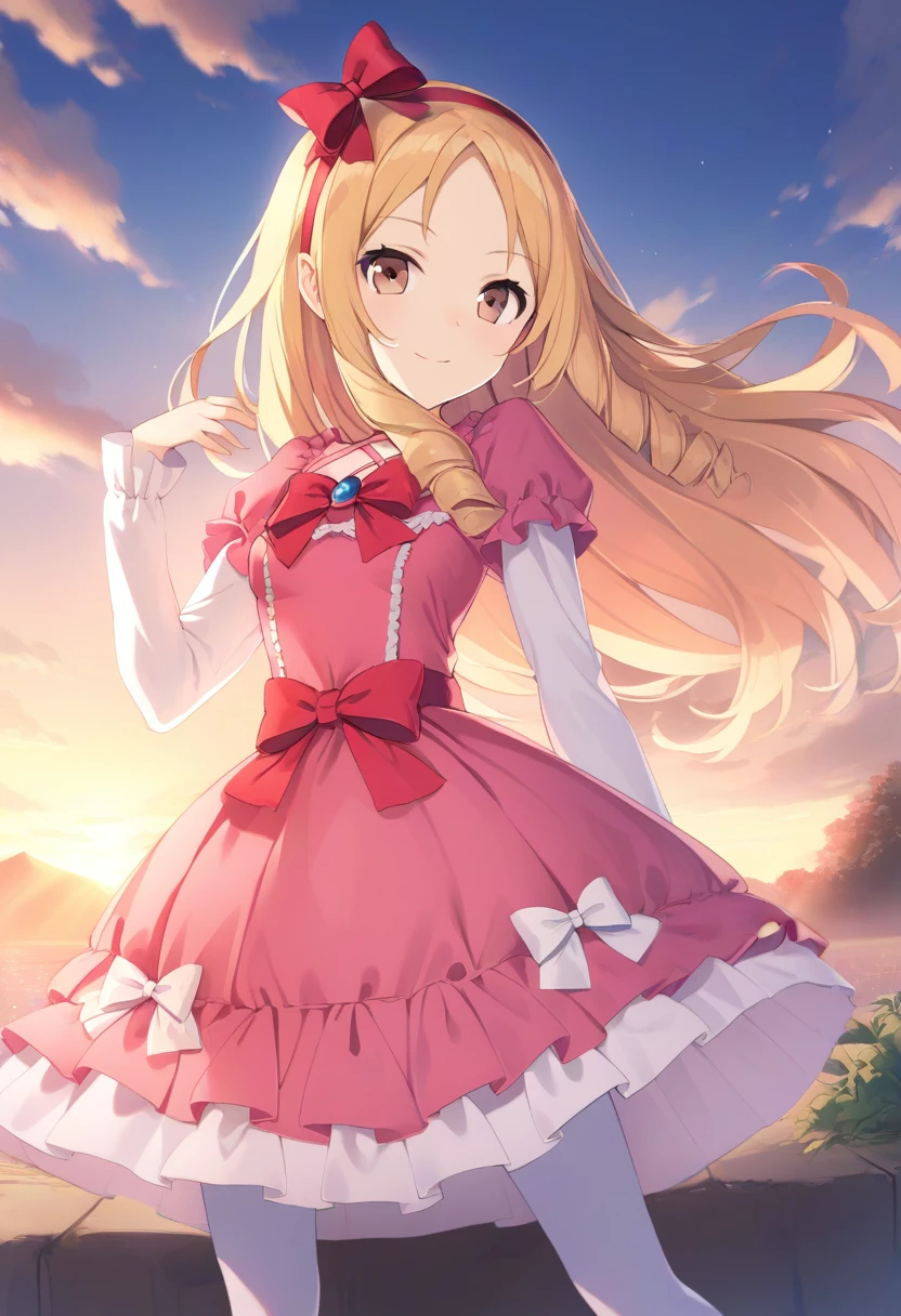 yamada elf, 1girl, solo, light smile, looking at the viewer, blonde hair, long hair, drill hair, brown eyes, pointy ears, small breasts, red hairbow, hairband, pink dress, bow, white pantyhose, long sleeves, outdoors <lora:Yamada_Elf-XL-animagine:0.7>