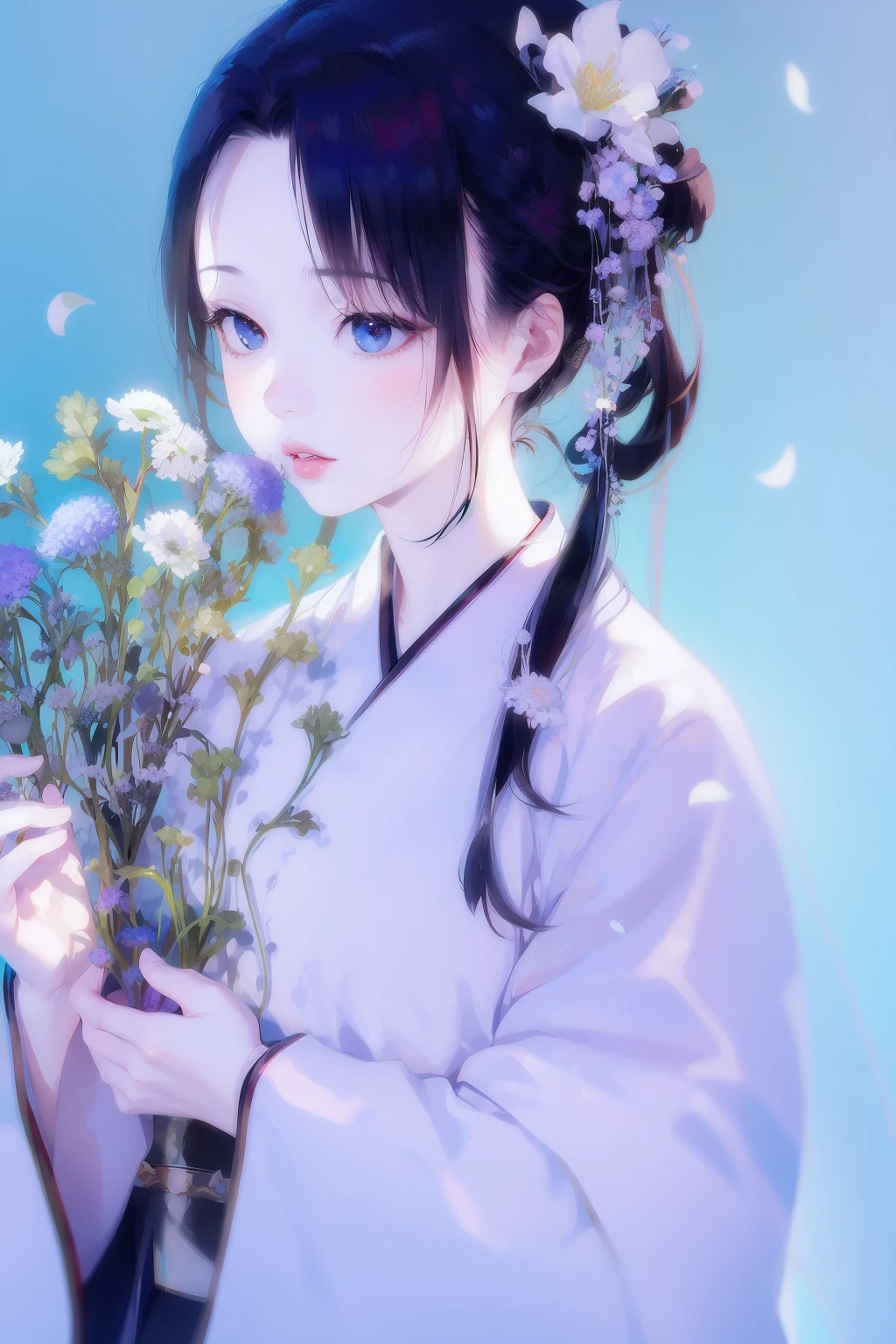 1girl,solo,hanfu,black hair,long sleeves,holding,flower,parted lips,lips,blue background,realistic,holding flower,<lora:lbc_lanse_hanfu:0.7>,