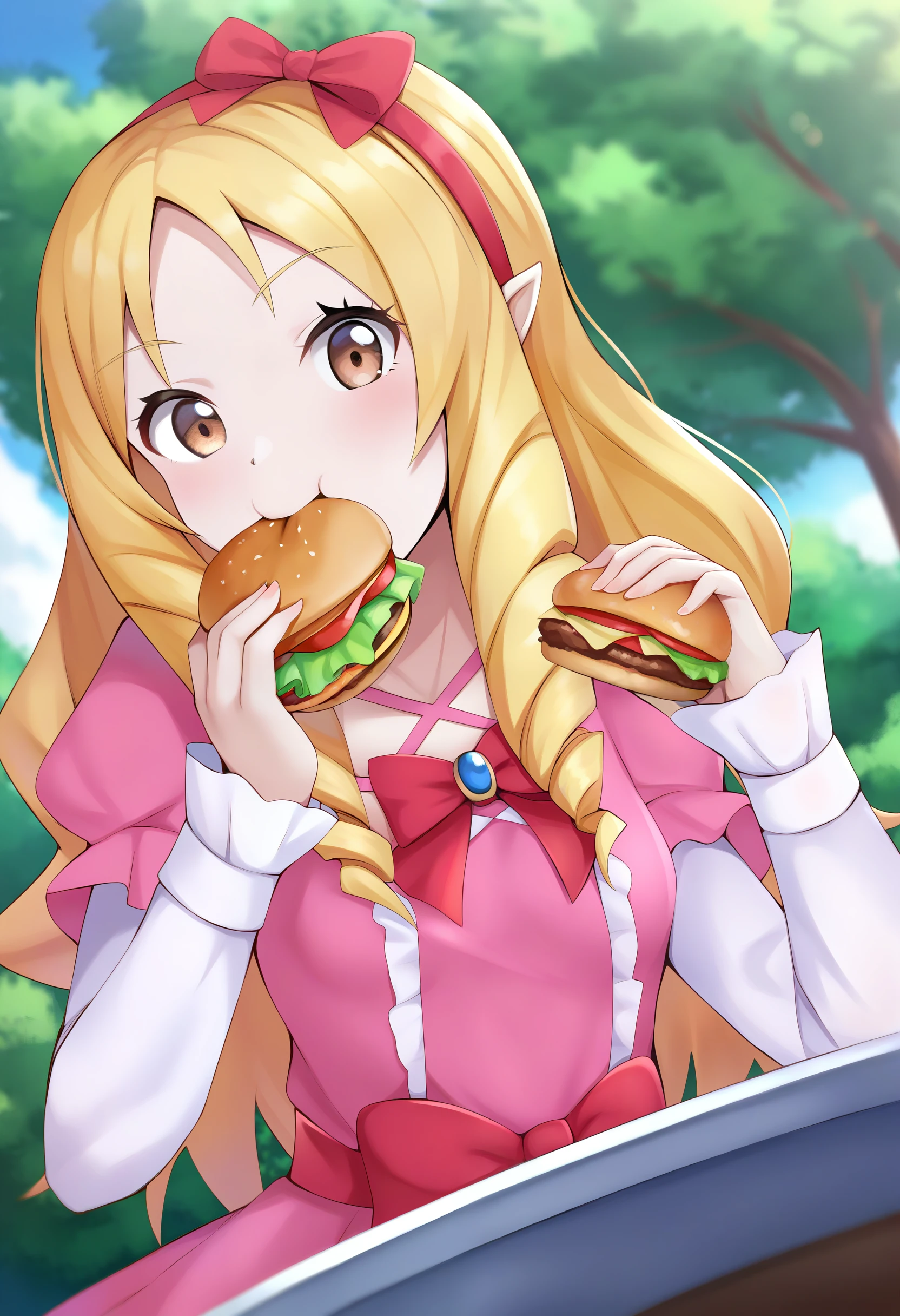 score_9, yamada elf, 1girl, solo, looking at the viewer, blonde hair, long hair, drill hair, brown eyes, pointy ears, small breasts, red hairbow, hairband, pink dress, bow, upper body, long sleeves, outdoors, eating, burger, holding_food <lora:Yamada_Elf-XL-pony:0.8>