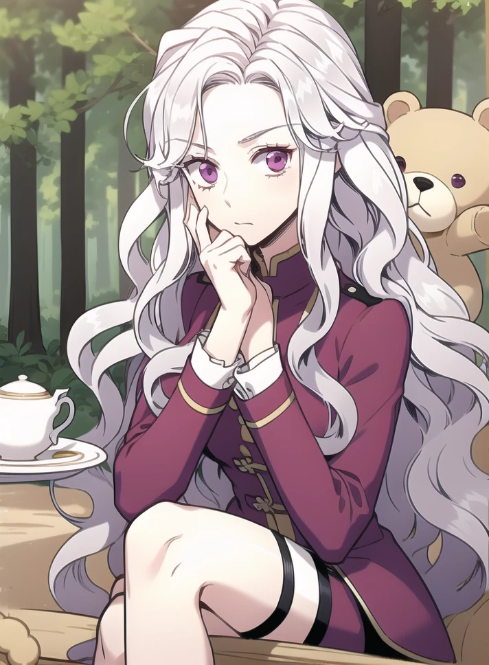 ,(forest background:1.2), (micro shorts:1.2), (Sitting, pretending to hold a teddy bear's tea party :1), 
1girl, long hair, solo, looking at viewer, purple eyes, very long hair, white hair, pink eyes, curly hair, (sorry face),  <lora:Abigail-002:0.9>