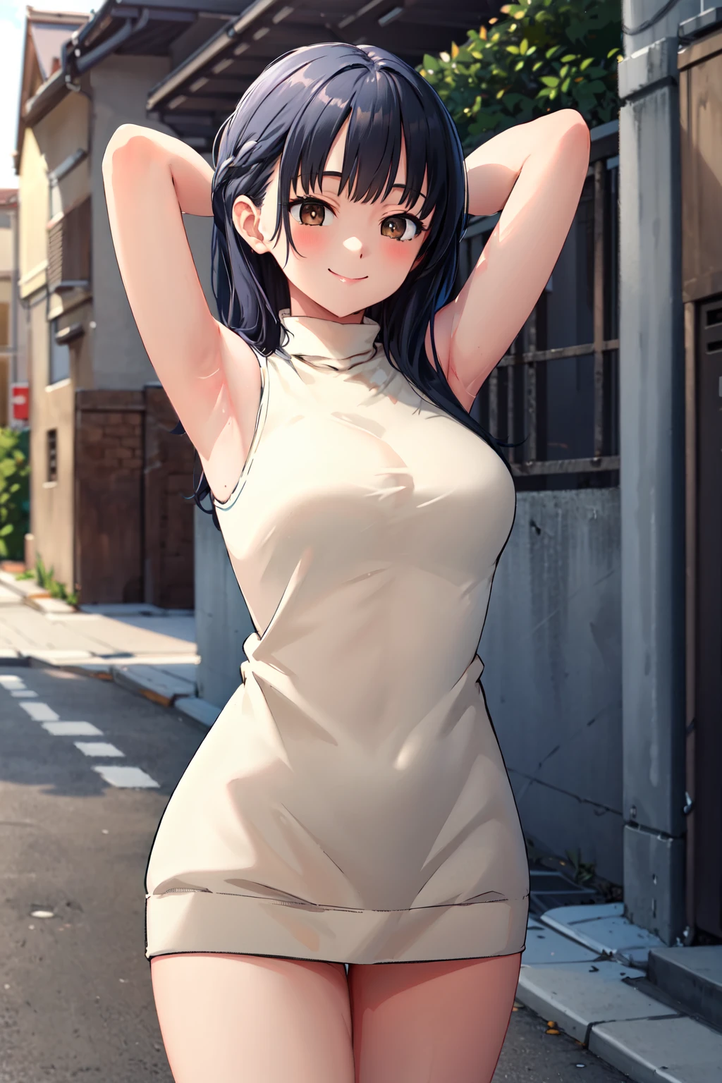 masterpiece,best quality,highres,ultra-detailed,aaanna,long hair,bangs,large breasts,<lora:yamada_anna:0.9>,(sweater:1.2),(turtleneck:1.2),street,smile,standing,(sleeveless:1.4),arm_behind_head,arms_up,cowboy shot,no pants,