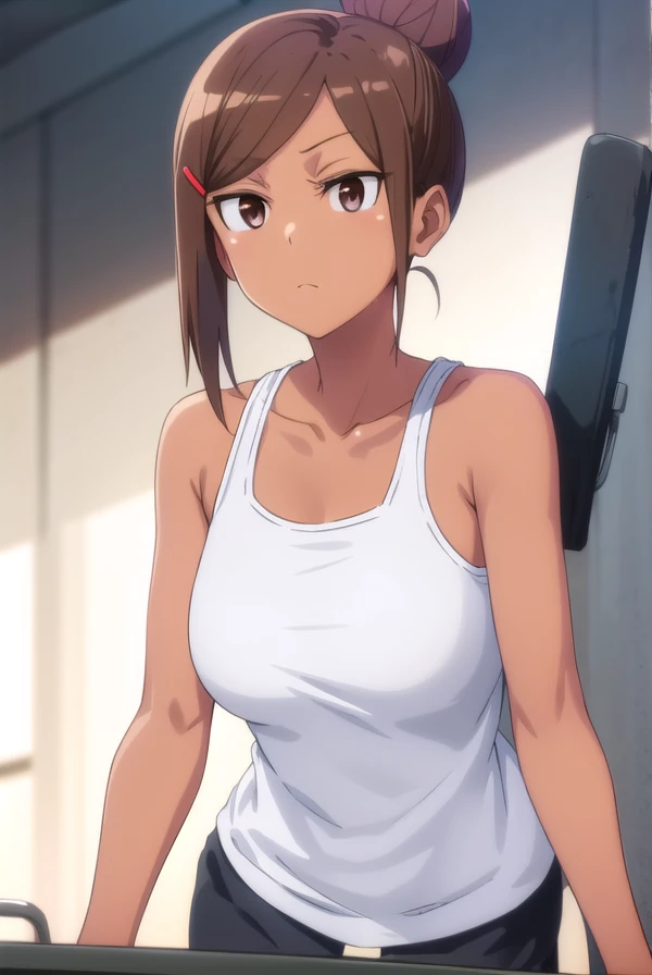 ayakauehara, <lora:ayaka uehara s1-lora-nochekaiser:1>,
ayaka uehara, brown hair, hair ornament, (brown eyes:1.5), hairclip, dark skin, hair bun, dark-skinned female, single hair bun,
BREAK shirt, white shirt, shoes, shorts, sleeveless, black footwear, sleeveless shirt, black shorts, tank top, sneakers,
BREAK indoors, gym,
BREAK looking at viewer,
BREAK <lyco:GoodHands-beta2:1>, (masterpiece:1.2), best quality, high resolution, unity 8k wallpaper, (illustration:0.8), (beautiful detailed eyes:1.6), extremely detailed face, perfect lighting, extremely detailed CG, (perfect hands, perfect anatomy),