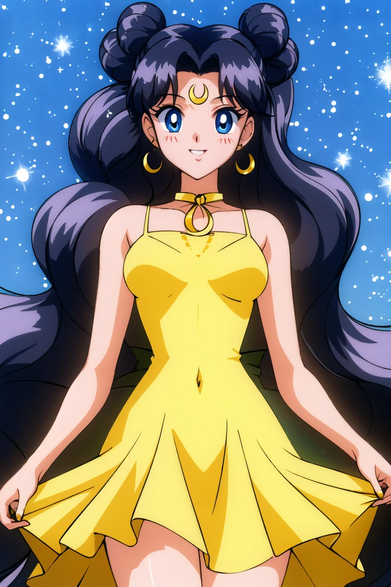masterpiece,best quality,highres,<lora:Luna1:0.6>,Luna1,1girl,1990s \(style\),long hair,solo,crescent facial mark,facial mark,hair bun,black hair,crescent,blue eyes,double bun,very long hair,forehead mark,cowboy shot,happy,bikini,looking at viewer,beach,wariza,
