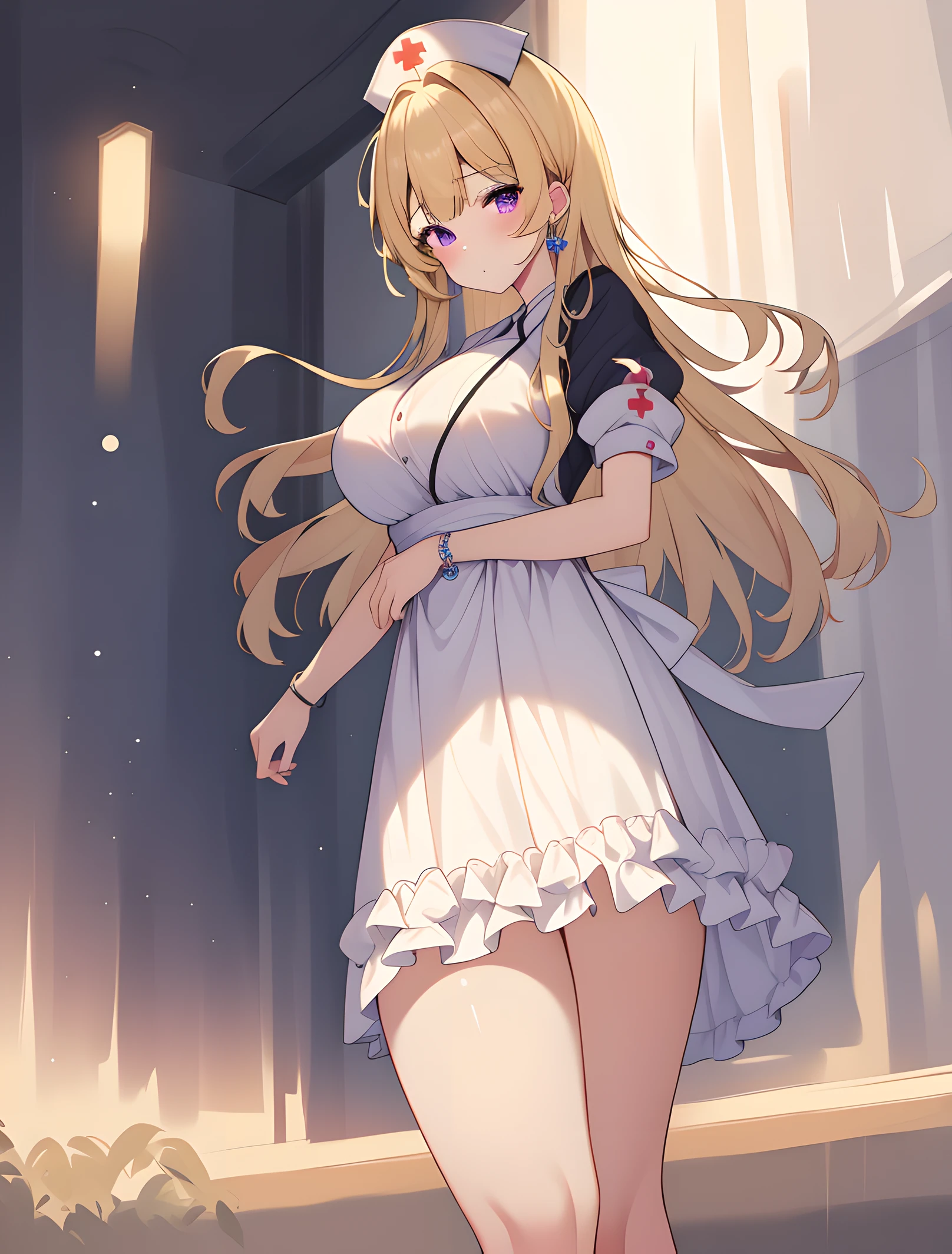 ((masterpiece, best quality, high quality)),1girl, ((lower body, hospital)),  <lora:Old Nurse Outfit:0.8> (nurse_old_style_01, apron, nurse cap, short sleeves, striped dress, puffy sleeves, vertical stripes, nurse, white apron, puffy short sleeves, pantyhose), <lora:Kimiko Shimoto:0.7> (kimiko shimoto, 3dcg_09, 1girl, solo, long hair, bangs, blonde hair, purple eyes, jewelry, large breasts),