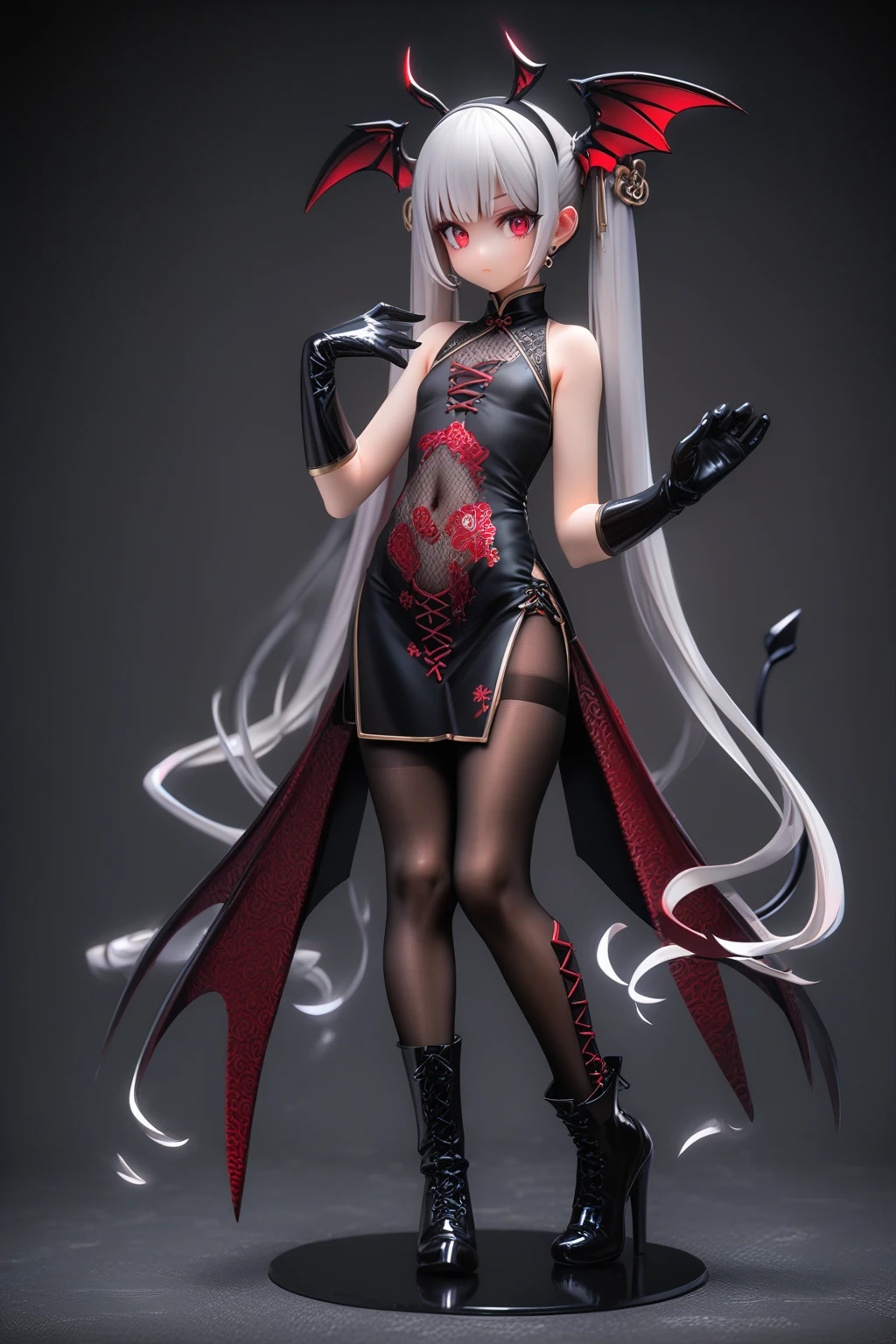 masterpiece, best quality, 1girl, solo, gloves, tail, wings, (black face mask:1.3), demon tail, animal ears, black boots, rabbit ears, (white pantyhose:1.3), cleavage cutout,black thigh boots, heart-shaped pupils, v, symbol-shaped pupils, pubic tattoo, black gloves, mouth mask, white background, demon wings, china dress, pantyhose, demon girl, simple background, fake animal ears, full body, navel, detached collar, looking at viewer, high heels, (black china dress:1.2), bowtie, twintails, standing, high heel boots, red eyes, bow, knee boots, silver hair, cross-laced footwear, bare shoulders, head wings, lace-up boots, flat chest, red wings, hairband, white hair,thighband pantyhose,
<lora:PVC_X2-000006:1>