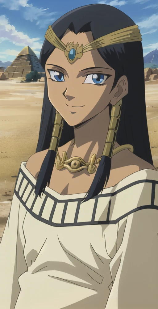 II, 1girl, solo, portrait, looking at viewer, smile, head circlet, hair tubes, eye of horus necklace, off shoulder pattern robe, outside, sunny, desert, egypt pyramids background, perfect quality, good quality, masterpiece, HDR, UHD <lora:Ishizu Ishtar-000003:0.8>