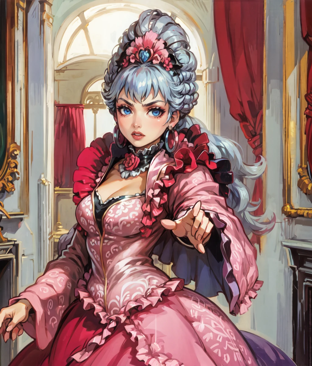 masterpiece, high res, detailed face, detailed eyes, 1 girl, solo, standing, angry, pointing to the wall, grey hair, curls, blue eyes, pouf, hair up, hair ornament, plumes, pink dress, cowboy shot, indoors, museum <lora:Josephine:1>
