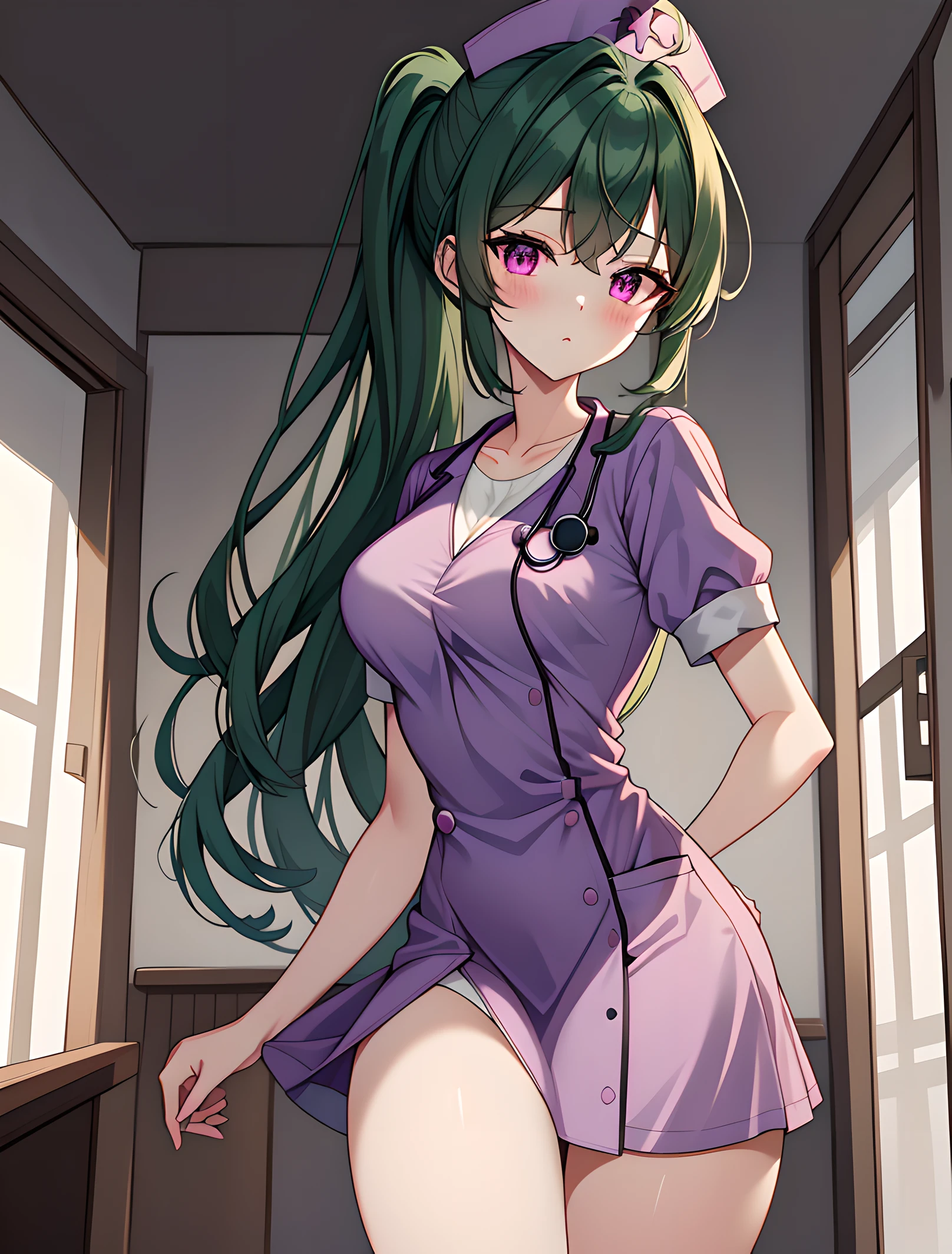 ((masterpiece, best quality, high quality)),1girl, ((uncropped,lower body, hospital)), <lora:Purple Nurse:0.6> (purple_nurse_cst, stethoscope, nurse, nurse cap, purple headwear, purple dress, jewelry), <lora:Mari Sukuma:0.7> (mari sukuma, 3dcg_10, 1girl, solo, long hair, breasts, bangs, medium breasts, ponytail, green hair, pink eyes, sidelocks, ahoge, crossed bangs),
