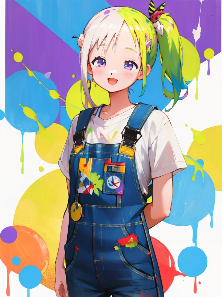 <lora:tamerai-12:1>paint splatter, :D, masterpiece, best quality, <lora:hll-5-merged-lora:1>airani iofifteen, multicolored hair, purple eyes, side ponytail, hair bung, overalls, white shirt