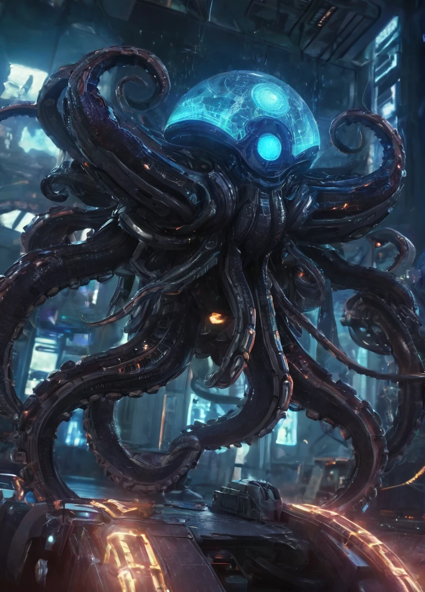 project,mechanical weaponized octopus,gigantic,enormous,colossal.absolutely epic,analog,private press photo,realistic,futuristic,scifi,cinematic,((glowing features)),hologram features,hyperdetailed photography,50nm dof,bokeh,realistic,sharp focus,ultra detailed,8k uhd,masterpiece,awardwinning,trending on artstation and deviant art, ambient,volumetric,wallpaper,official art, <lora:projectxl-000003:0.55>,blue theme,dark and ominous,ethereal,complex,powerful,fractal particles,(((style of zhelong zhu,sandra chevrier,joji shinkawa,artgerm,giger and greg rutkowski)))