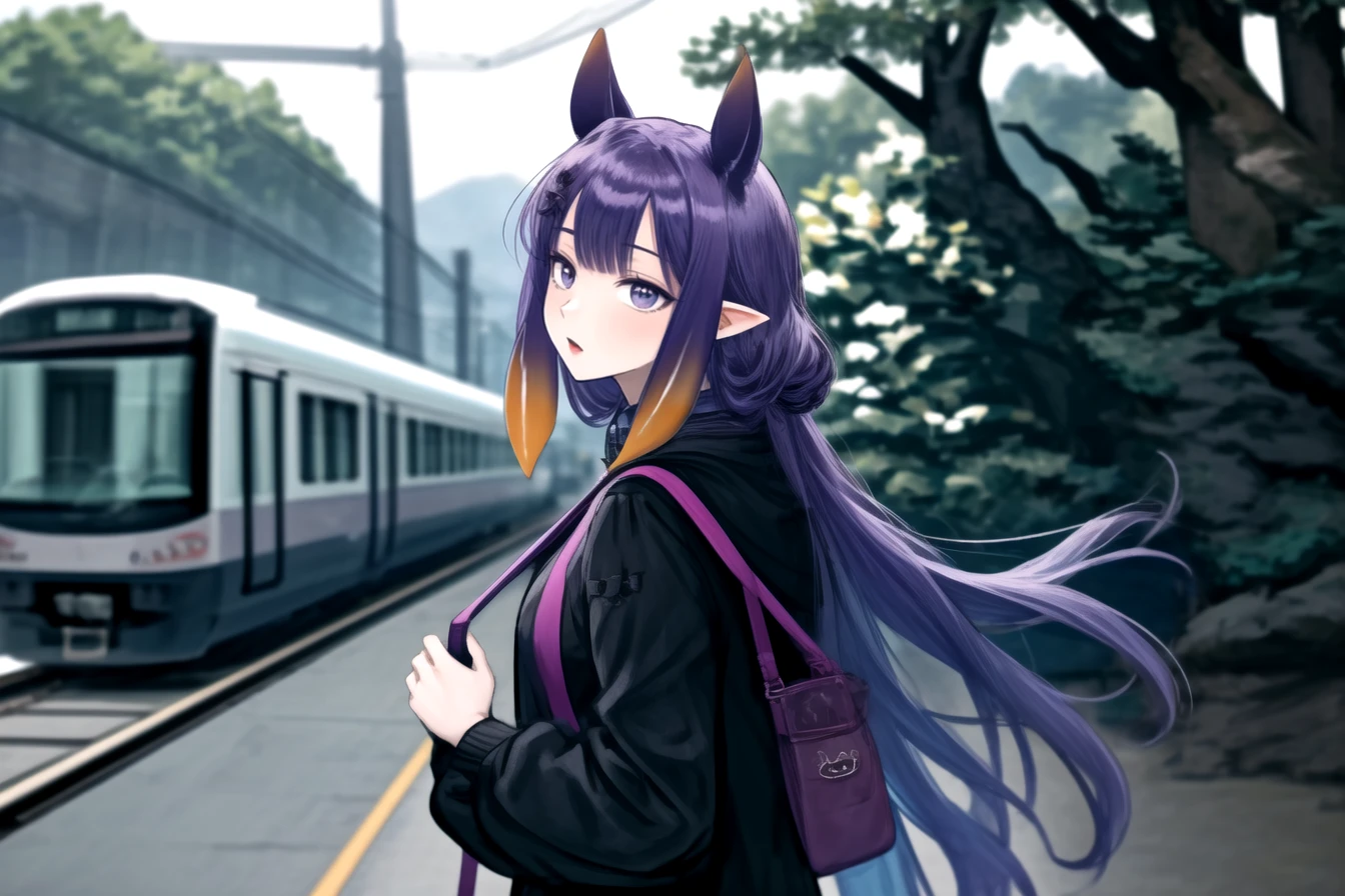 ninomae ina'nis, 1girl, :o, alternate costume, bag, enoshima electric railway, hair behind ear, holding, holding bag, mole, mole under eye, outdoors, pointy ears, power lines, purple eyes, purple hair, scenery, school bag, solo, tentacle hair, train, upper body, 