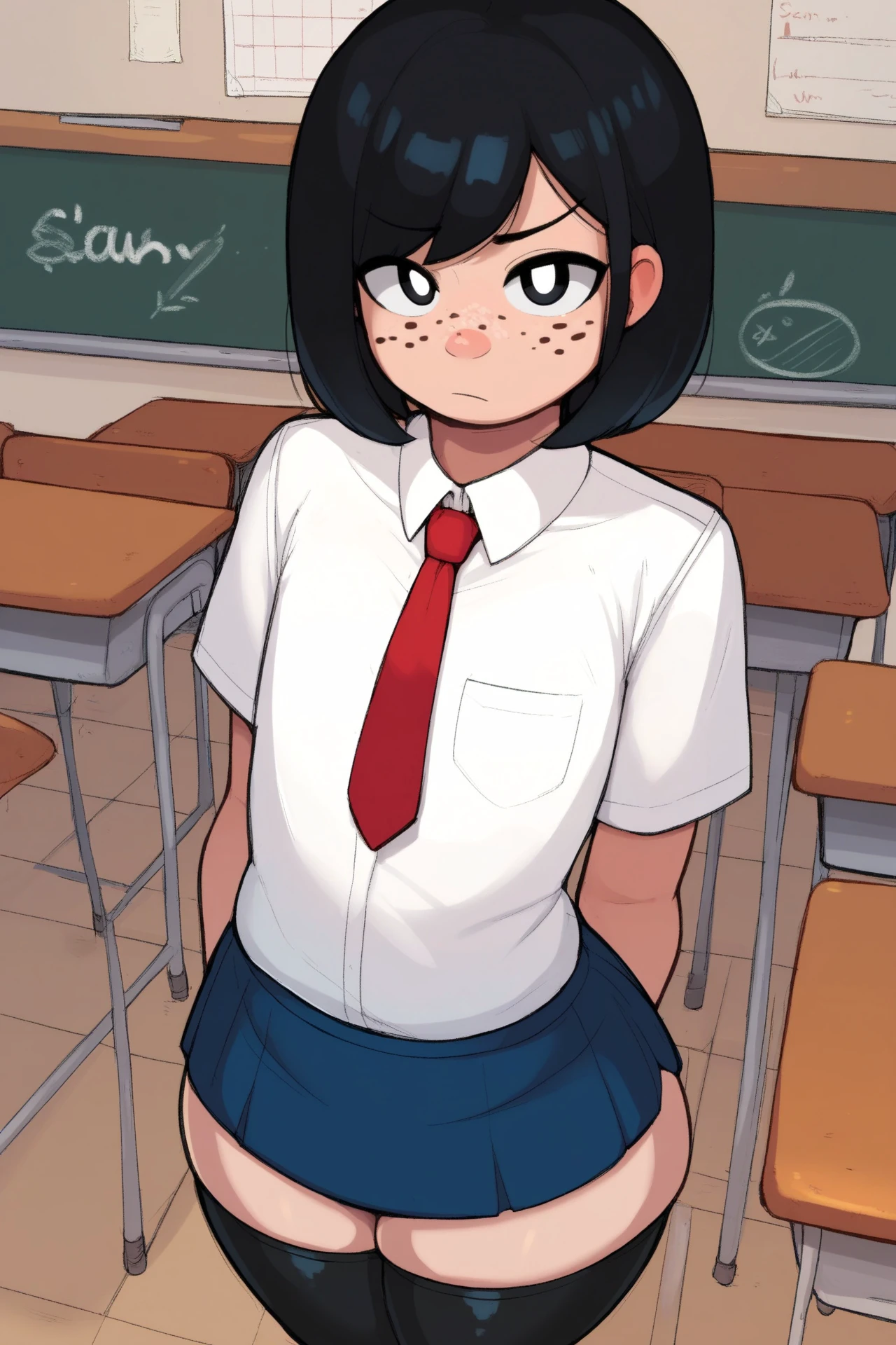 score_9, score_8_up, score_7_up, score_6_up, score_5_up, score_4_up, classroom, front view, looking at viewer, raised eyebrow, confused, black eyes, white pupils, freckles, female, human, black hair, short hair, swept bangs, flat chested, thick thighs, standing, white formal shirt, blue skirt, red necktie, black thigh highs