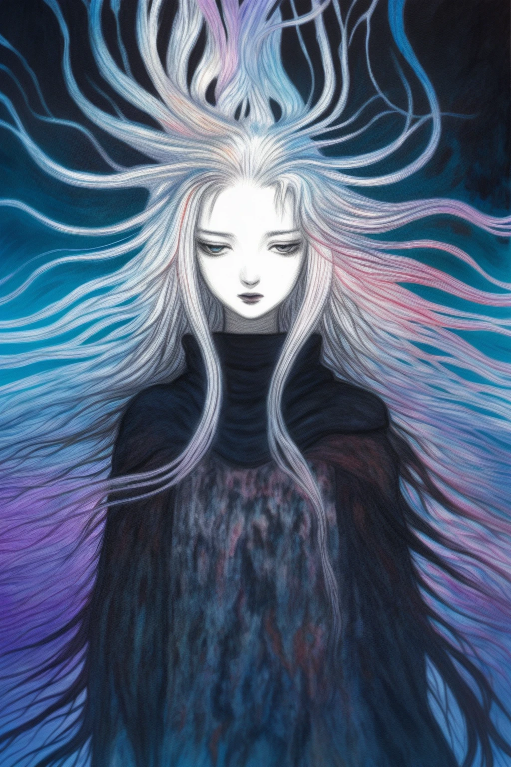 amano yoshitaka, 1girl, (dark dim dramatic atmosphere)+ 8k portrait of a girl with super long aurora hair, hair dissolving+ into bright stars, in drip modern clothing, intricate, highly detailed, digital painting, smooth, sharp focus, illustration, ((masterpiece)) <lora:amano_yoshitaka_xl:1>